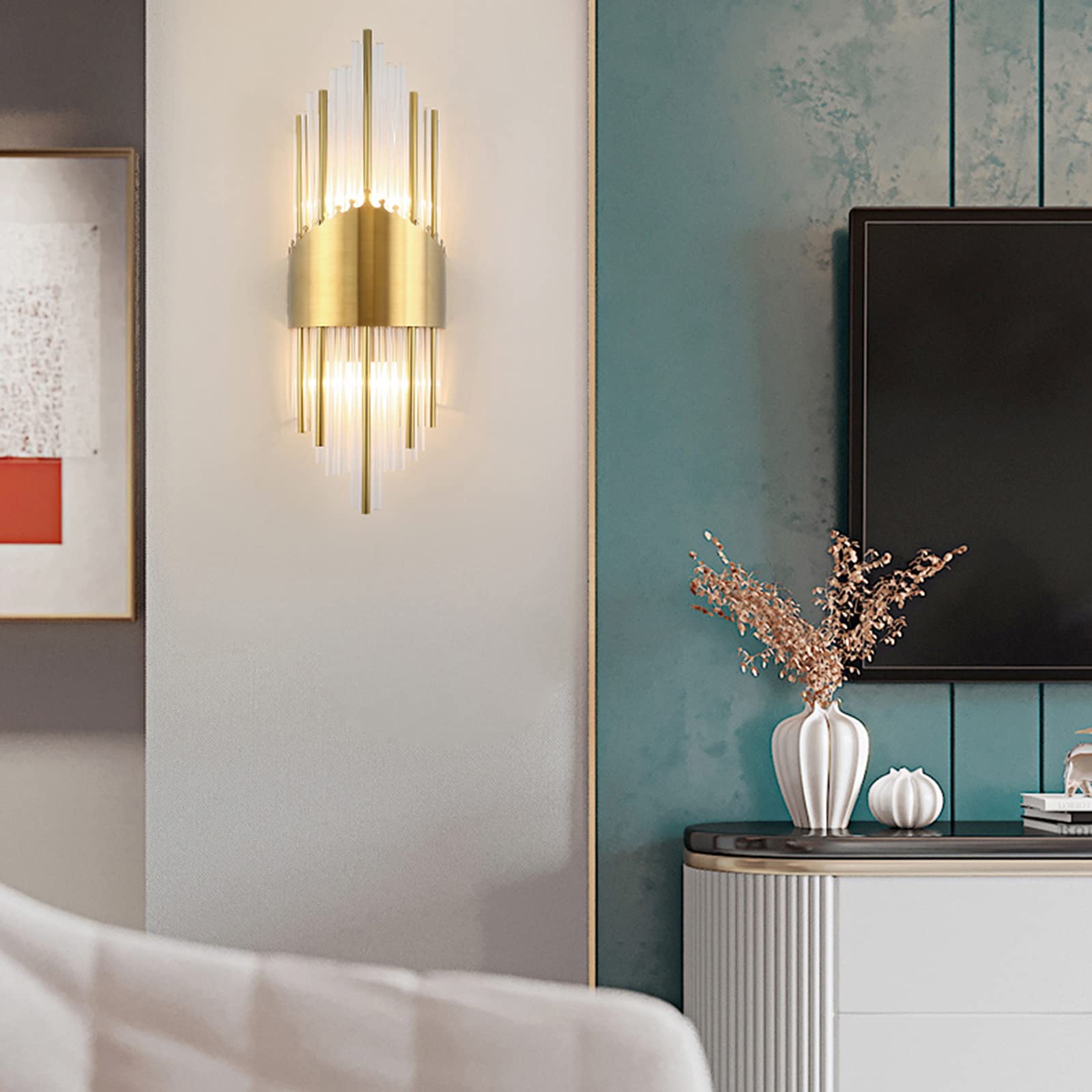 Crystal Wall Sconce Light Fixture - Gold Brass Base Modern Lamp for Bedroom, Living Room, Hallway Decor - Perfect for Ambient Lighting & Home Interior Design