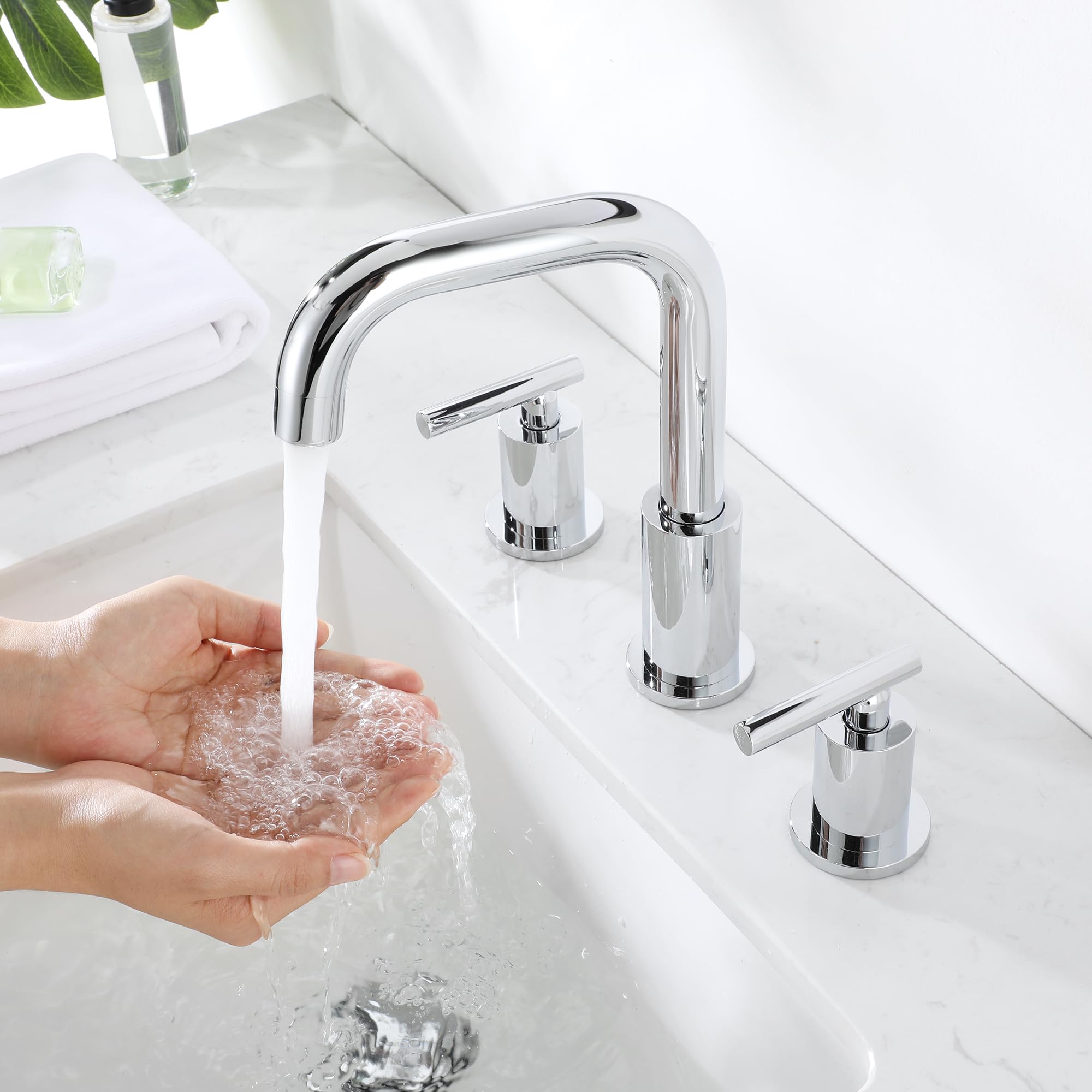 8 Inch Widespread Bathroom Faucet - 2 Handle 3 Hole Chrome Bathroom Sink Faucet with Drain & Supply Hoses - ChiLDano CH3166CP - Perfect for Modern Bathrooms & Powder Rooms