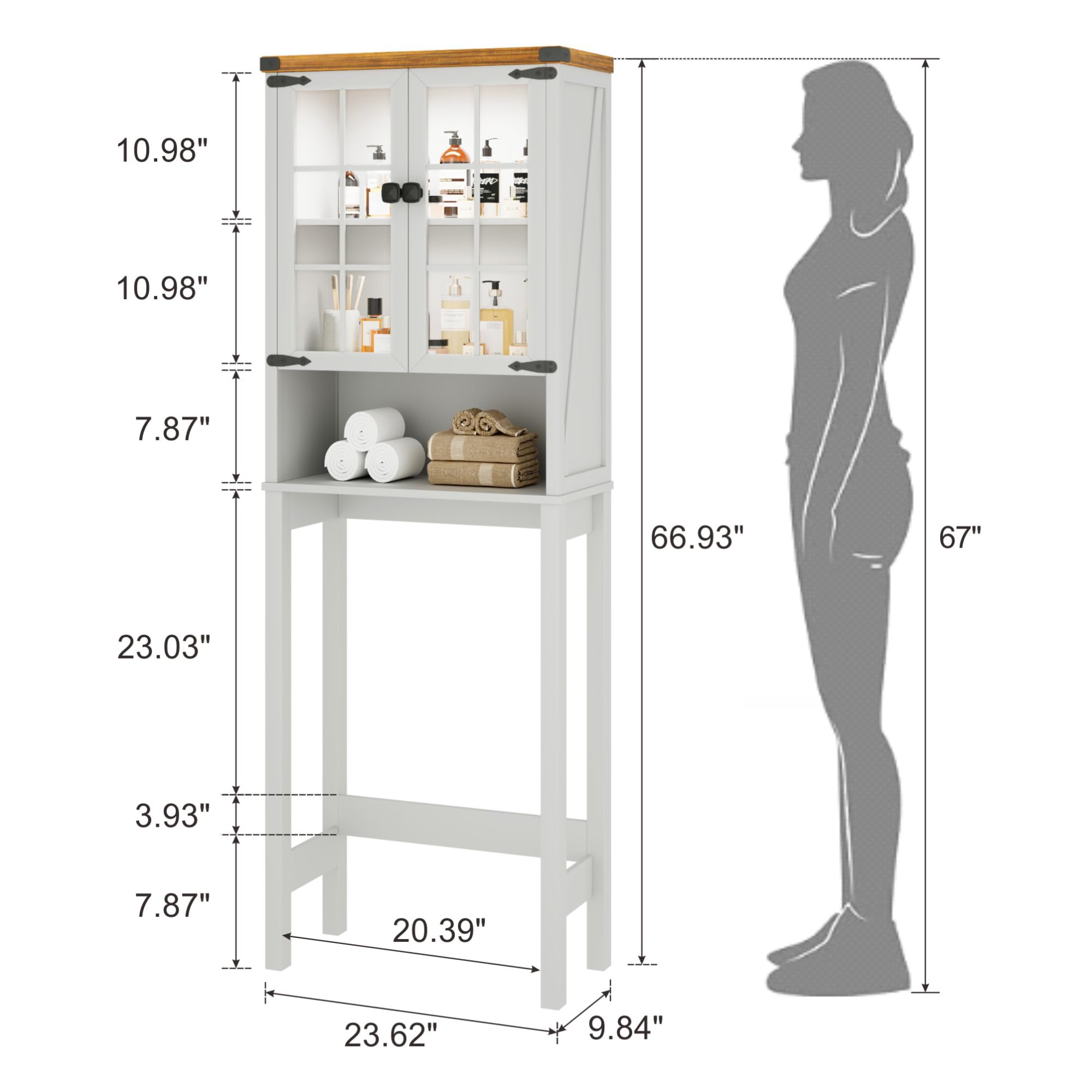 Over The Toilet Storage Cabinet with Shelves & Doors - White Bathroom Organizer with Anti-Tip Design & Ceiling Light - Space Saving Free Standing Toilet Shelf for Bathroom, Bedroom or Laundry Room Organization