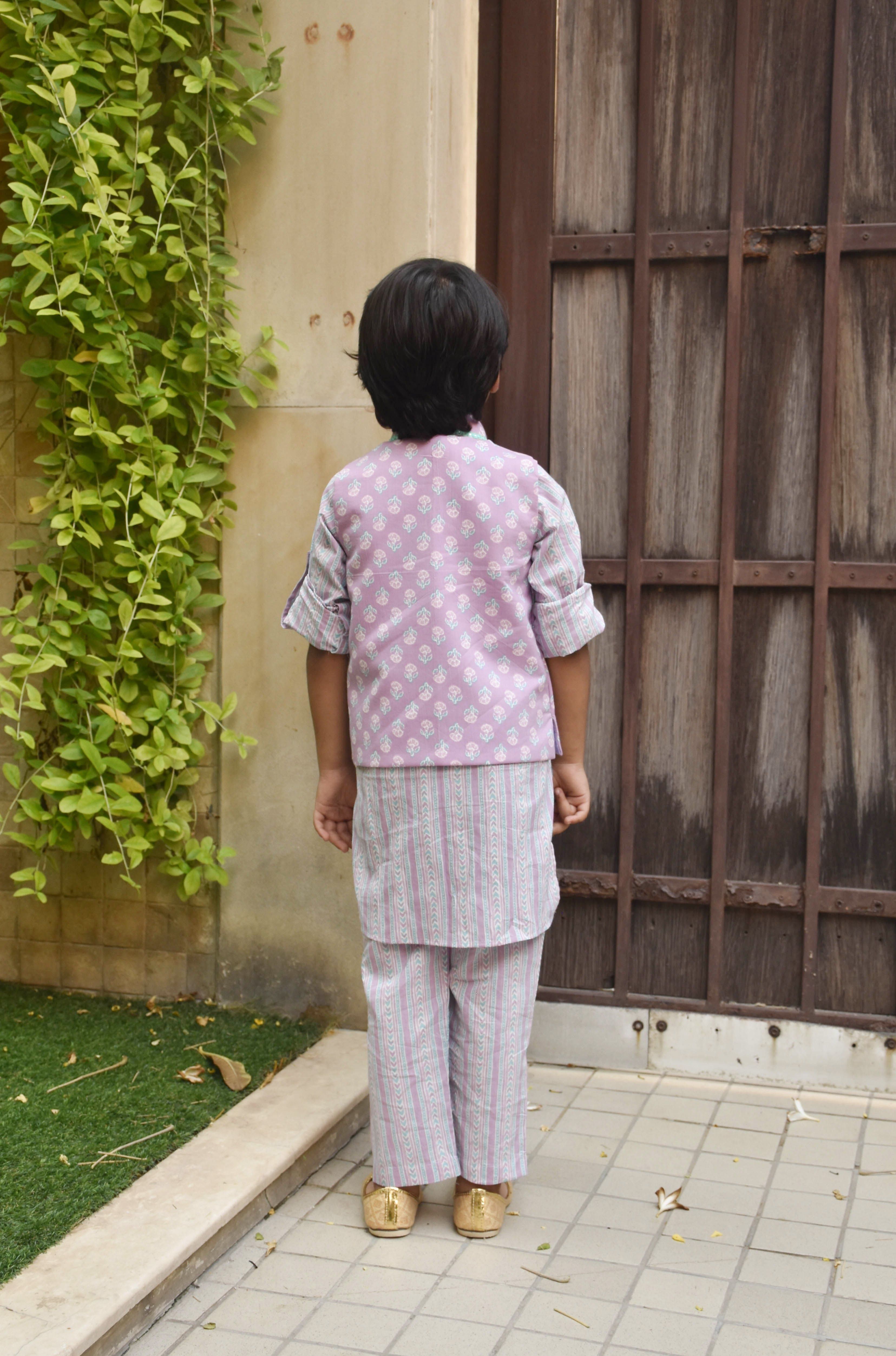 Pre Order: Stylish Lilac Printed Nehru Jacket Set with Kurta & Pant for Men | Indian Ethnic Wear for Weddings & Festivals