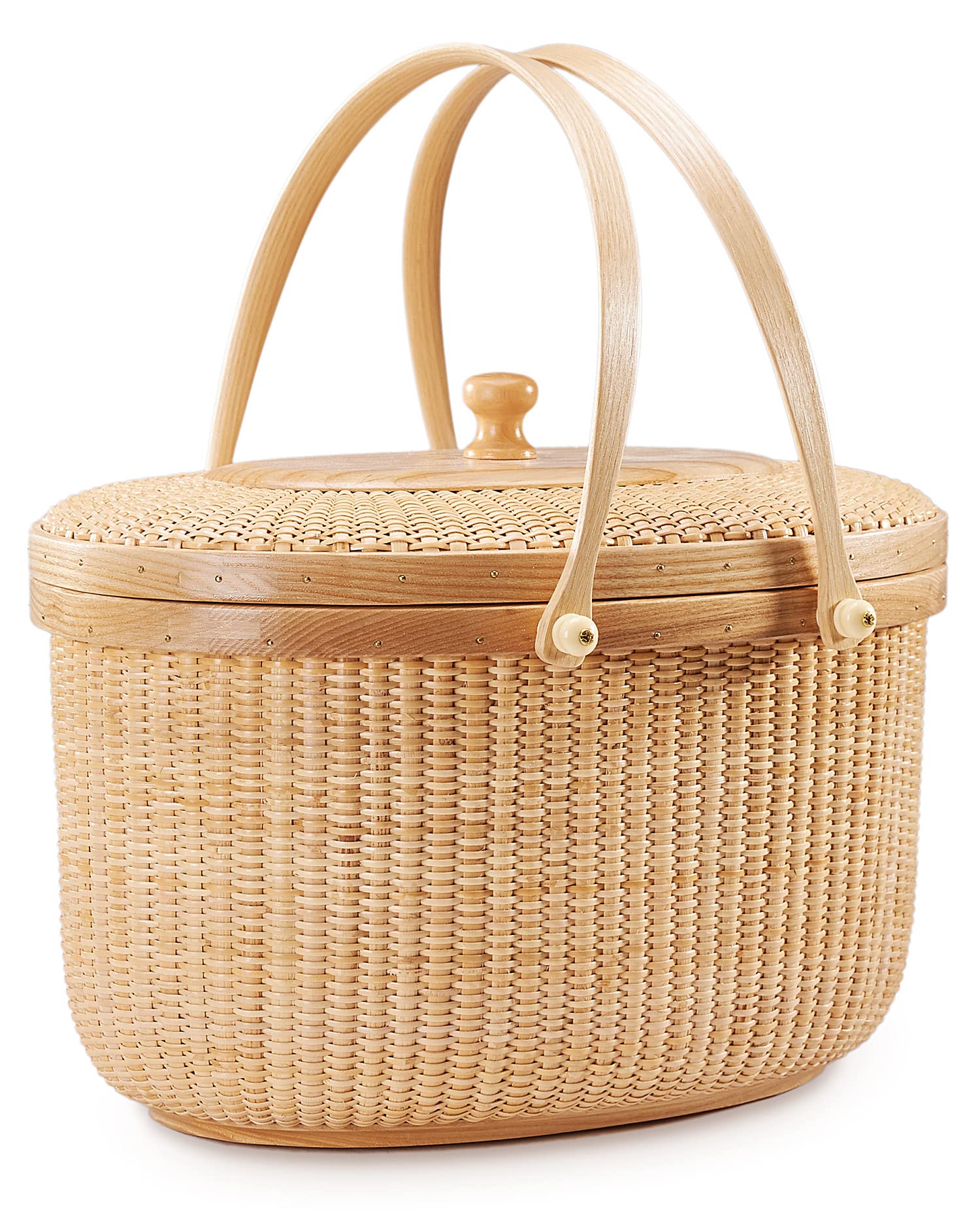 Handmade Nantucket Style Rattan Picnic Basket with Swing Handles - Woven Sewing Storage Tote Bag for Women - Perfect for Beach Outings, Picnics & Home Decor