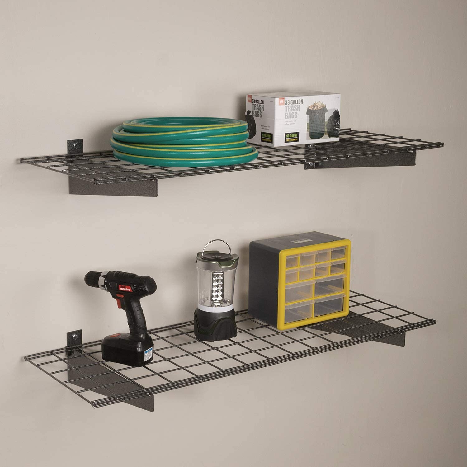 Overhead Garage Storage System and Wall Shelves Bundle - 2 Pack Heavy Duty Organizer for Garage, Basement & Workshop - Perfect for Storing Tools, Sports Gear & Seasonal Items
