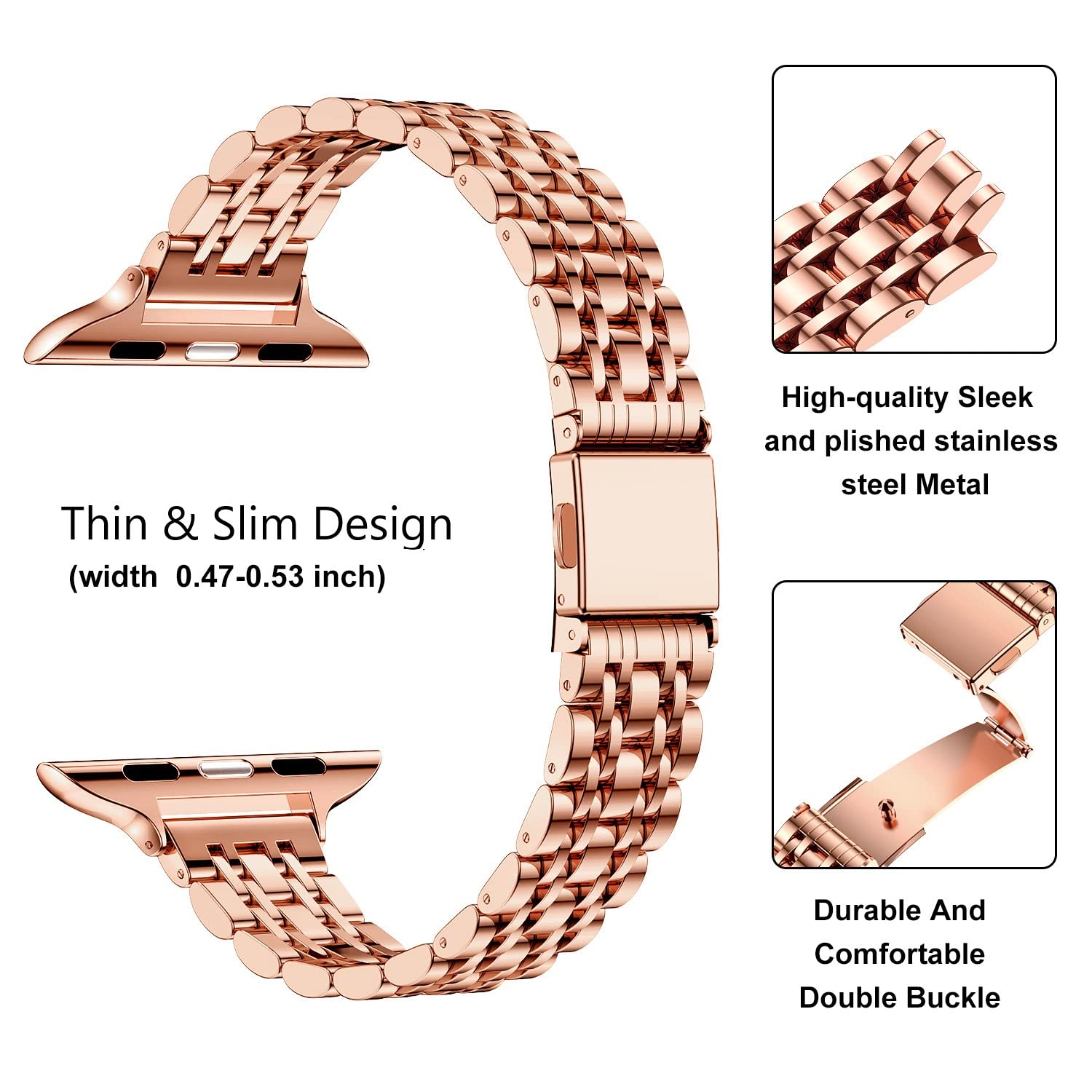 Slim Metal Band for Apple Watch 49mm 46mm 45mm 44mm 42mm - Stainless Steel Chain Strap Compatible with Series 10/9/8/7/6/5/4/SE/Ultra 2/1 - Rose Gold Women's Dressy iWatch Band | Perfect for Work, Parties & Everyday Wear