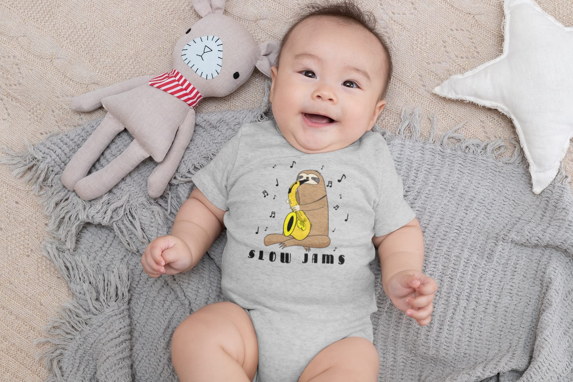 Sloth Slow Jams Funny Pun Saxophone Soft Baby Onesie - Heather Grey 0-3 Months | Cute Newborn Outfit for Photo Shoots & Playtime