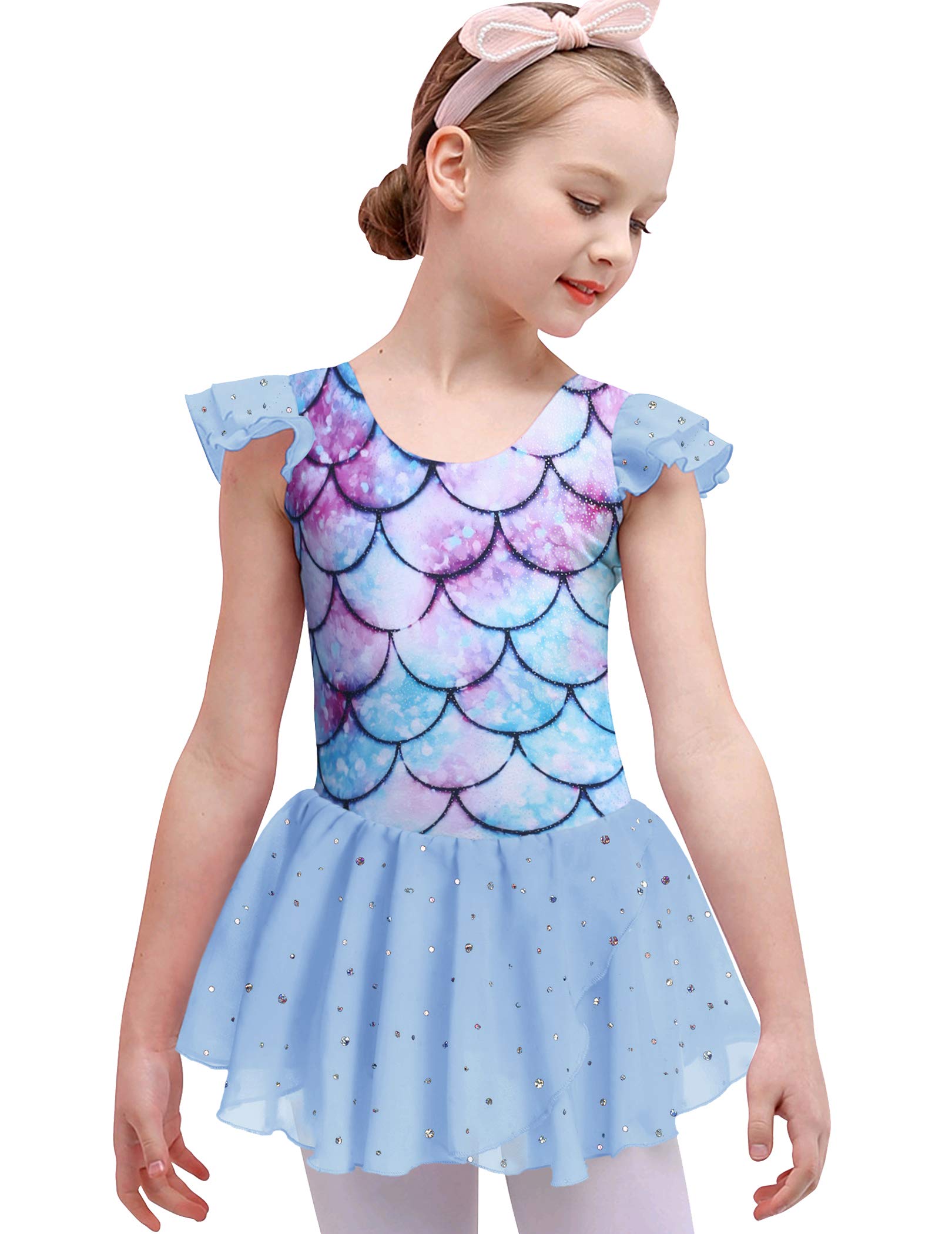 Boyoo Girls Ballet Leotard with Tutu Skirt - Ruffle Sleeve Sparkle Dance Dress for Ages 3-11 (Mermaid, 3-4T) - Perfect for Recitals, Performances, Ballet Class, Dance Competitions & Birthday Parties