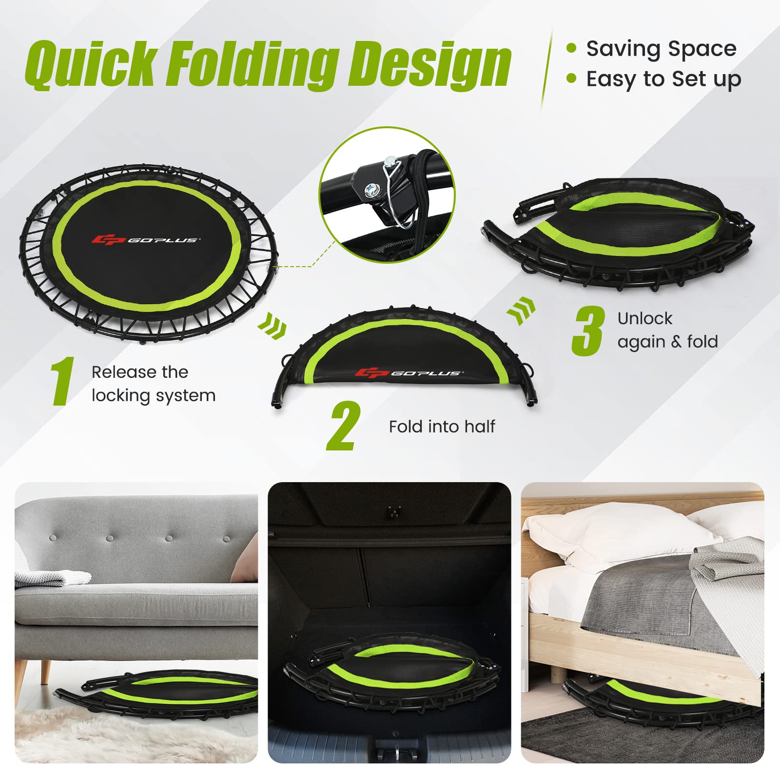 Goplus 40” Folding Fitness Trampoline with Safety Handrail - Adjustable 4-Level Height, Includes 2 Resistance Bands - Portable Mini Exercise Rebounder for Indoor & Outdoor Workouts - Perfect for Home Gym, Cardio Training, Weight Loss, and Family Fitness Activities