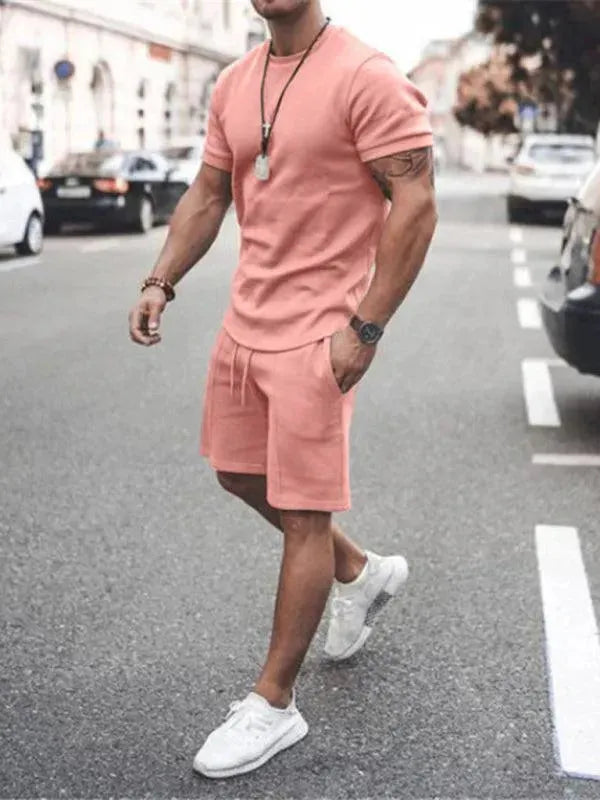 Men's Casual Olive Green Crewneck Cotton Short Sleeve T-Shirt & Shorts Set - Comfortable Summer Outfit for Relaxing, Travel & Outdoor Activities