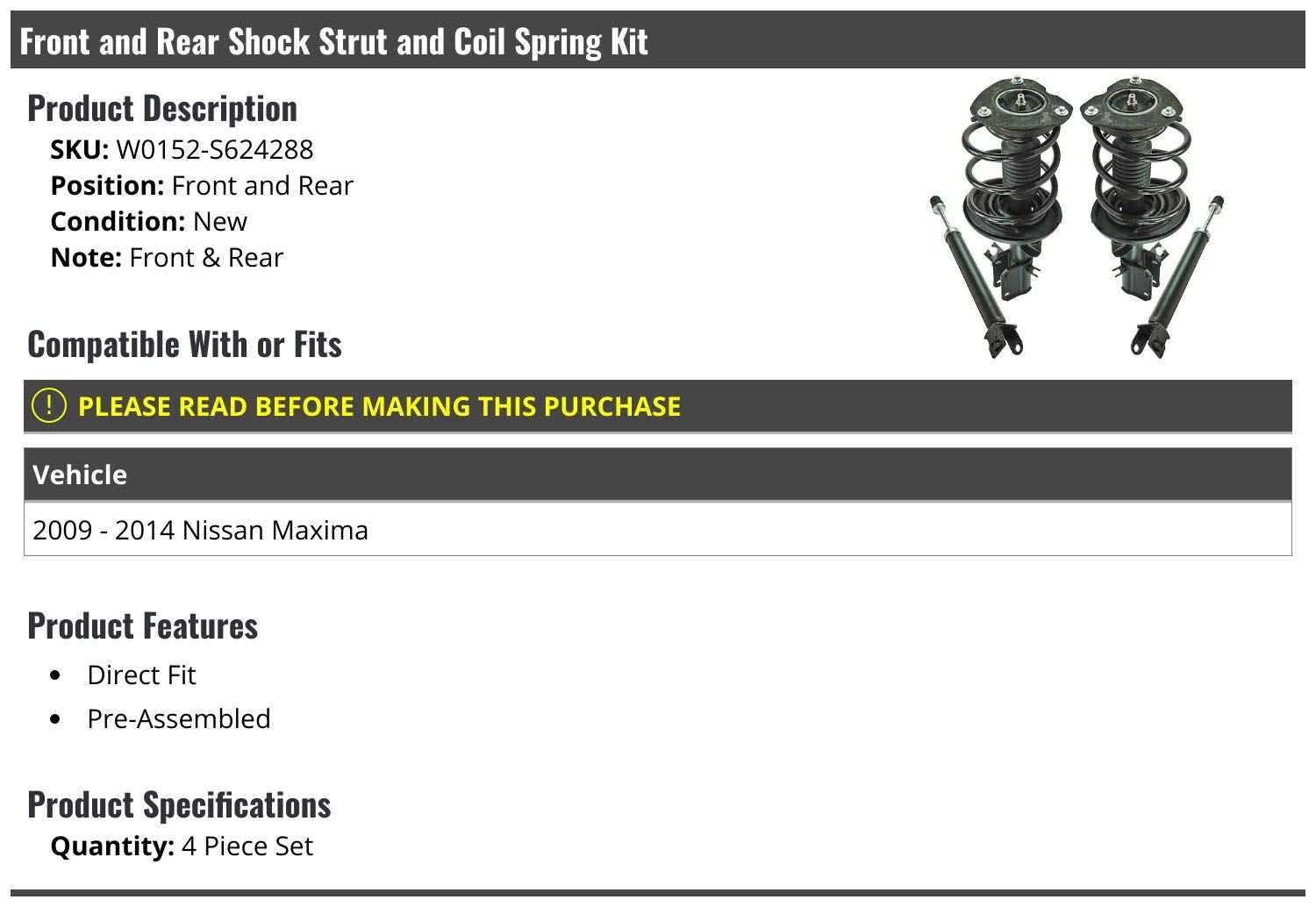 Premium Front & Rear Shock Strut & Coil Spring Kit - 4 Piece Set for 2009-2014 Nissan Maxima | Enhanced Ride Comfort & Stability | Perfect for Daily Commuting & Road Trips