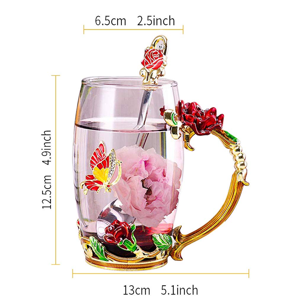 Butterfly Flower Enamel Glass Tea Cup & Coffee Mug - Rose Red Cute Gift for Women, Mom, Grandma, Wife - Perfect for Mother's Day, Anniversary, Christmas, Valentine's Day - Ideal for Tea Parties, Coffee Breaks & Home Decor