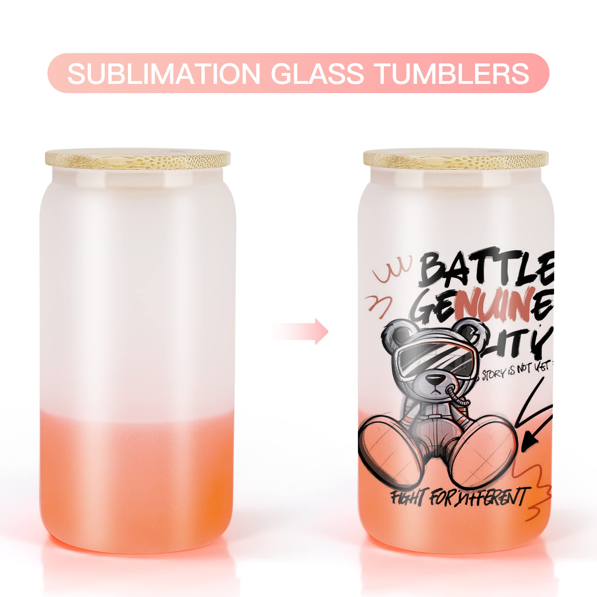 16oz Sublimation Glass Cups - Color Changing Beer Can Shaped Tumbler with Bamboo Lid & Straw (5-Pack) | BPA-Free, Dishwasher Safe | Perfect for Iced Coffee, Cocktails, and Outdoor Parties