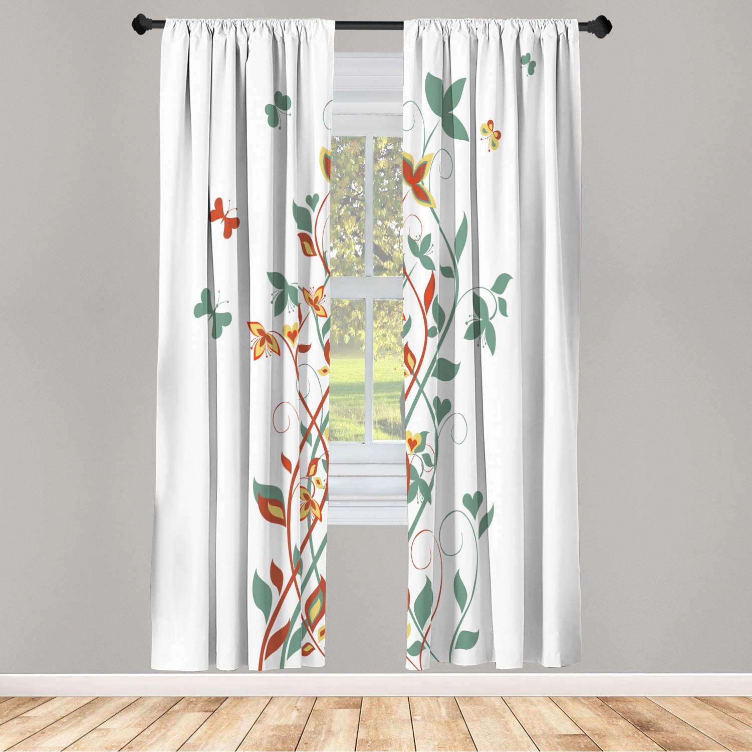 Ambesonne Floral Window Curtains - Tree Swirling Persian Lilac Blooms with Butterflies, Lightweight Decorative 2-Panel Set with Rod Pocket, 28