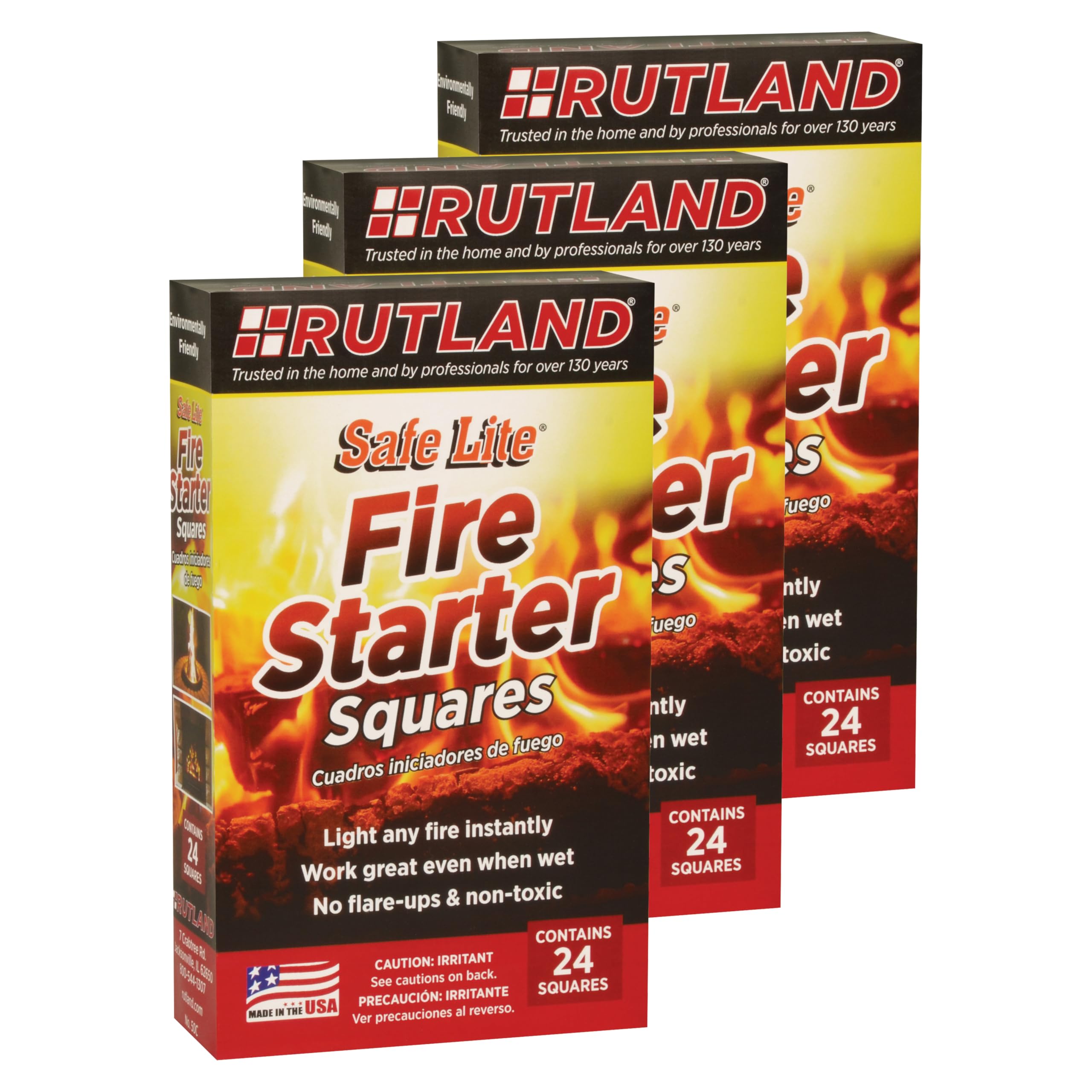 Rutland Safe Lite Fire Starter Squares - 72 Count (3 Boxes of 24) - Ideal for Camping, Grilling & Fireplaces