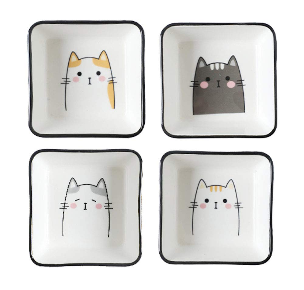 Mathew Cat Ceramic Seasoning Dish - Set of 4 Small Bowls for Sauces, Snacks, Appetizers & Condiments | Perfect for Home Kitchen, Party Serving & Restaurant Use