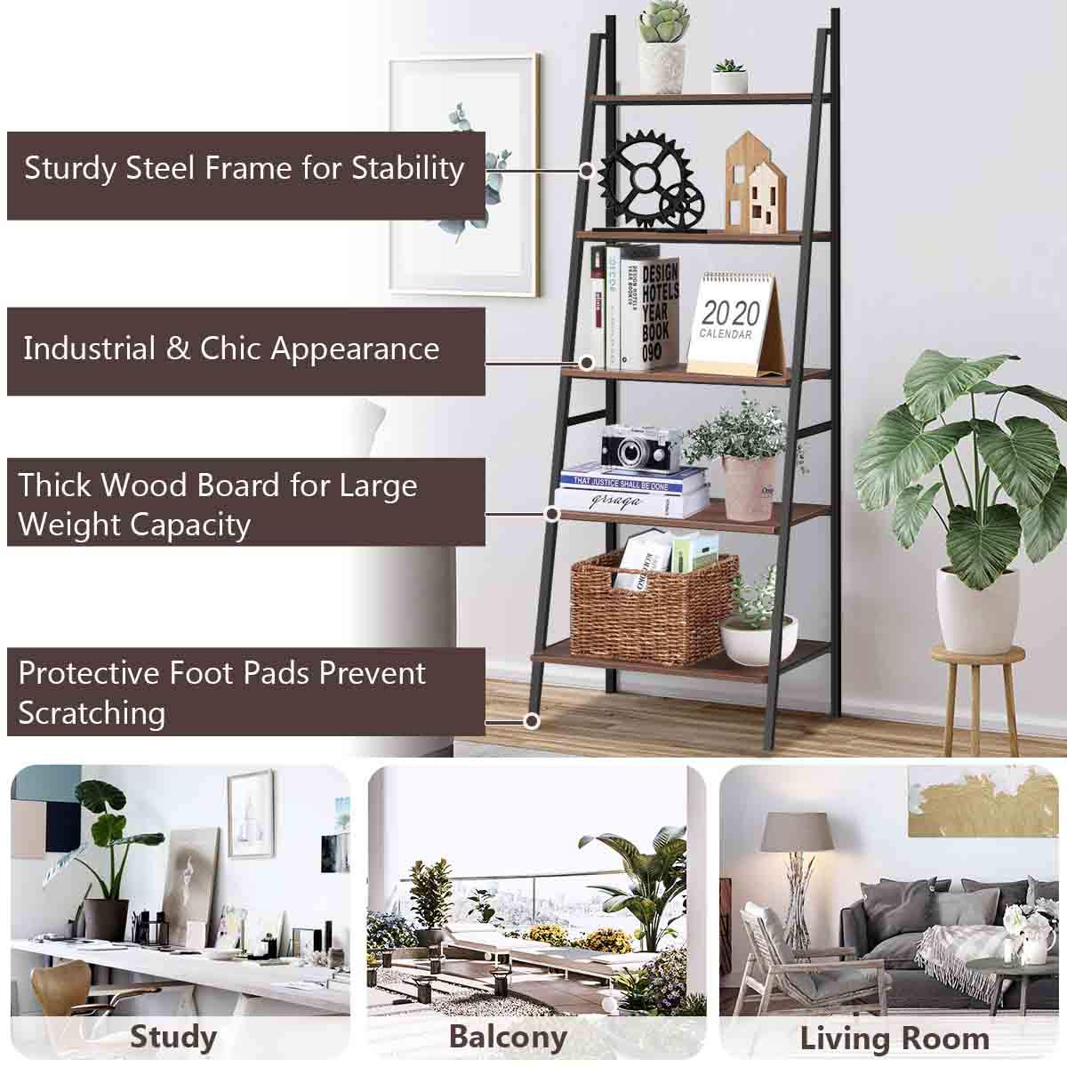 5-Tier Industrial Ladder Shelf - Wooden Look Metal Bookcase & Plant Stand for Home Office Decor | Multifunctional Display Shelf for Books, Plants & Home Organization