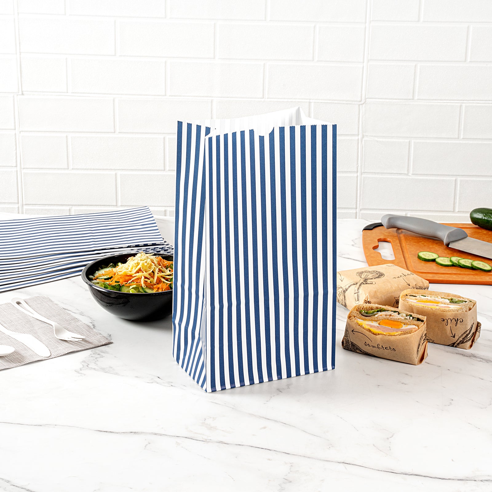 Premium Blue and White Striped Paper Bags - 12 lb Weight Capacity, 7 x 4.25 x 12.5 Inches (100 Count Box) - Perfect for Gift Wrapping, Party Favors, and Retail Packaging