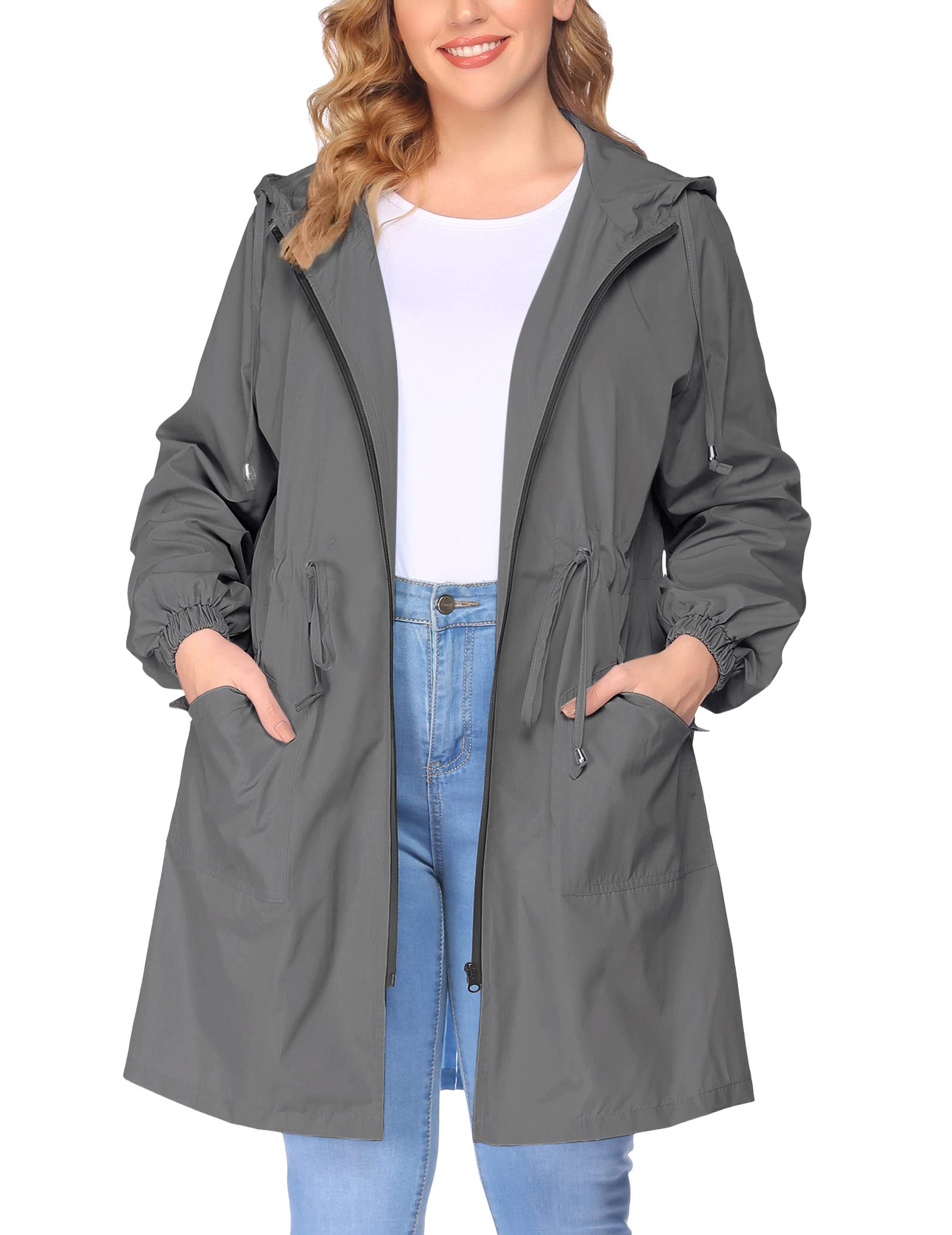 IN'VOLAND Women's Plus Size Lightweight Waterproof Rain Jacket with Hood & Pockets - Long Windproof Raincoat for Outdoor Hiking, Commuting & Travel