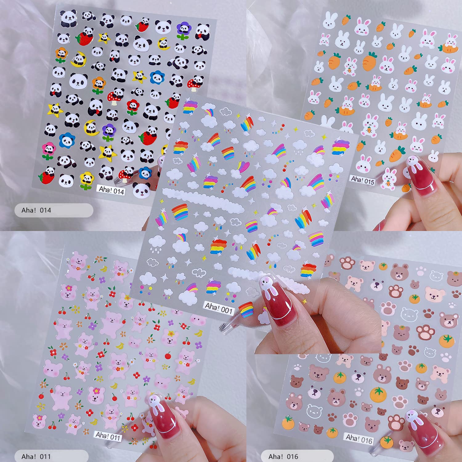 ACDE 5 Sheets Cute Cartoon 3D Nail Art Stickers - Rainbow Clouds, Bear, Rabbit, Panda Designs - Self-Adhesive Nail Decals for Women, Girls, Kids - DIY Manicure, Party, Salon, Birthday Nail Decorations