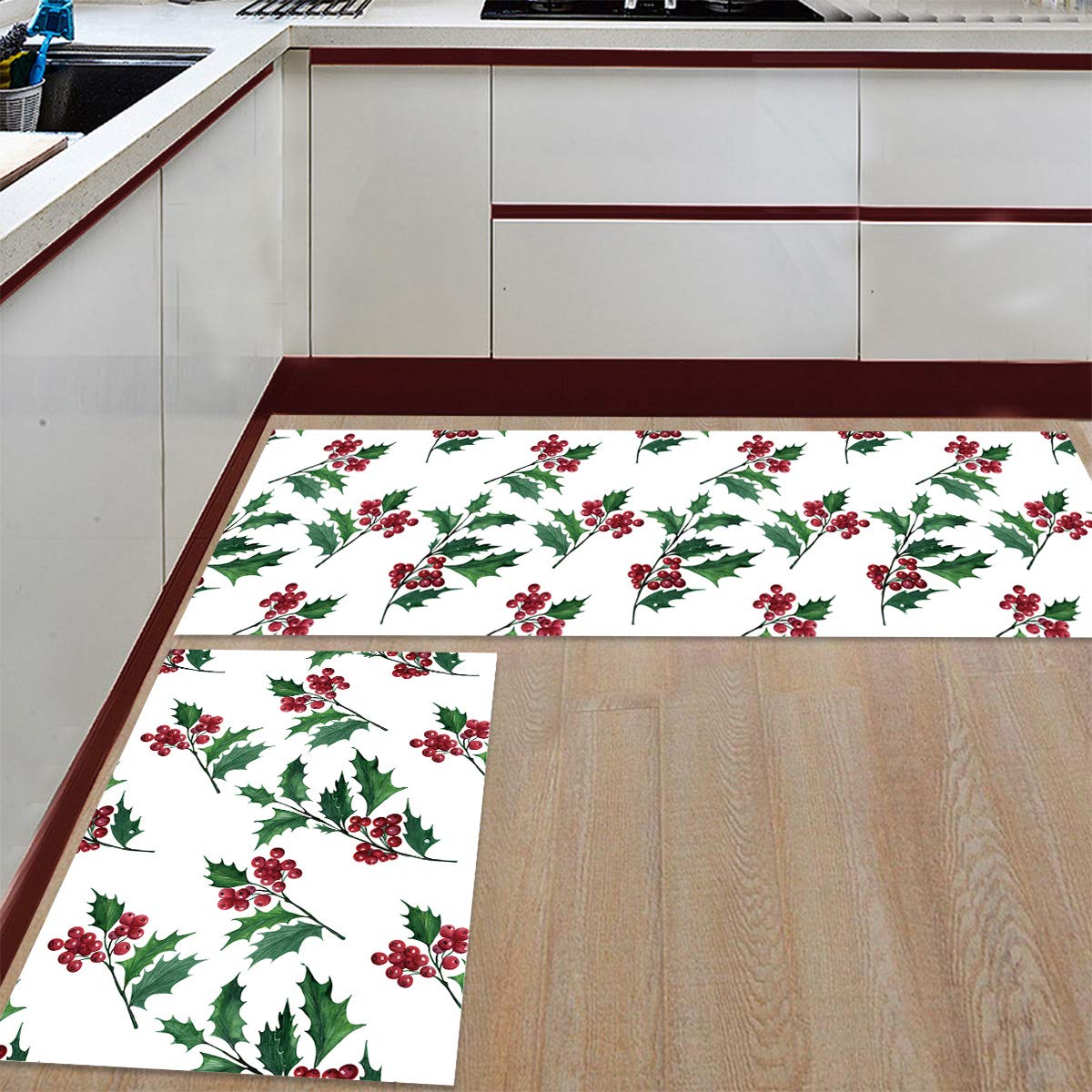 Non-Slip Kitchen Rugs Set of 2 - Christmas Berries & Holly Print Washable Runner Carpet with Rubber Backing | Water-Absorbing Low Pile Area Mat for Bedroom, Bathroom & Indoor Use | Perfect for Holiday Decor, Home Accent & High-Traffic Areas