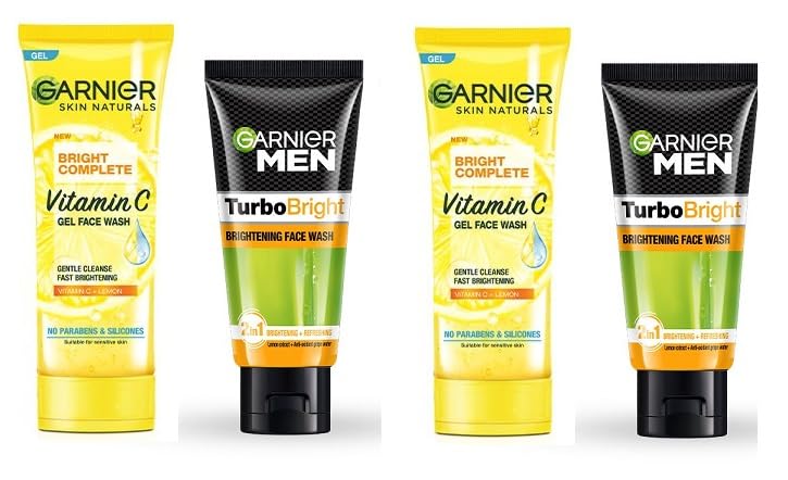 GARNIER BRIGHT COMPLETE Vitamin C Face Wash Duo - 2x50g Gel Cleanser & 2x50g Turbo Bright Foam Cleanser (4-Pack Total 200g) for Glowing Skin - Perfect for Morning & Night Skincare Routine
