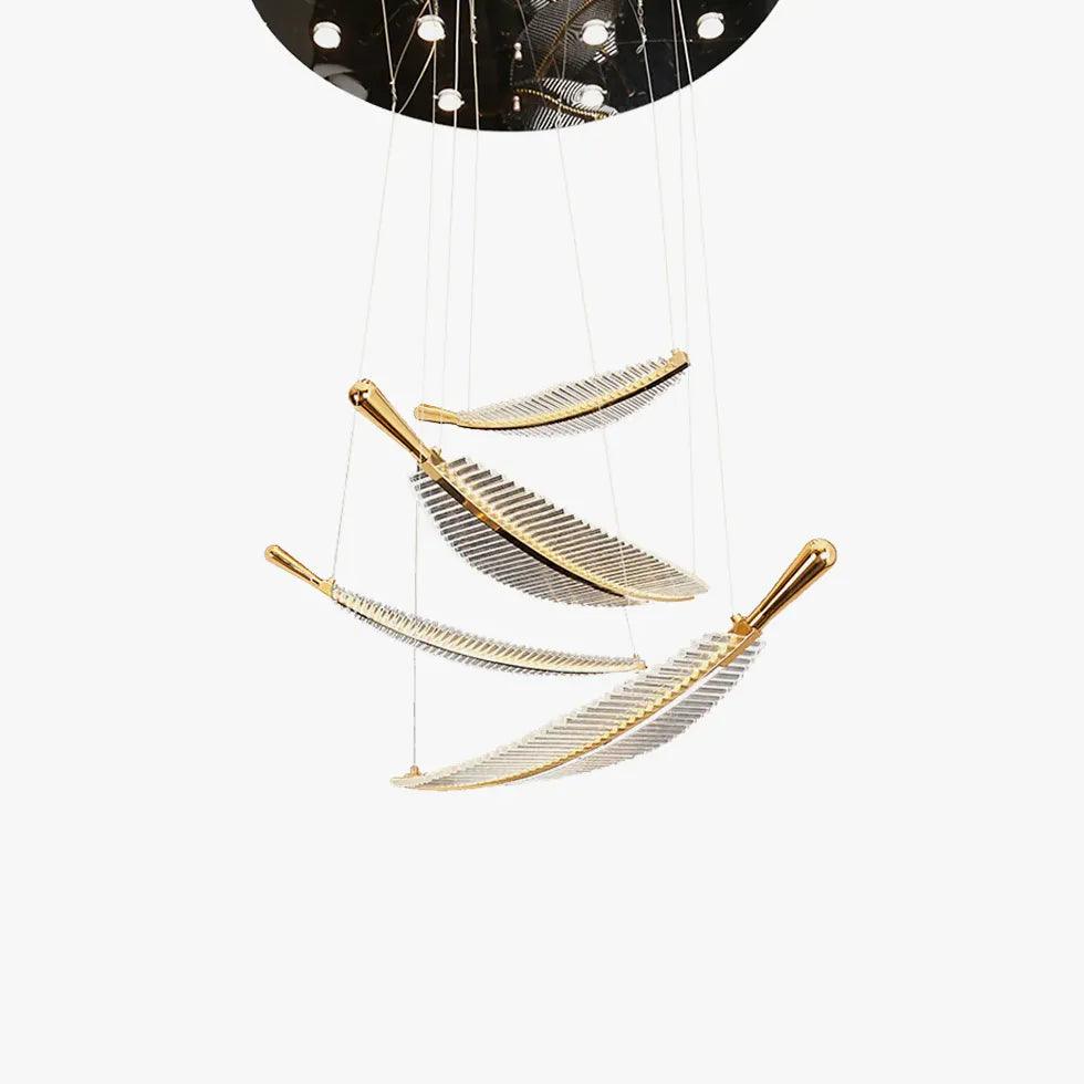 Feather Shaped Gold LED Pendant Light - Modern Glass Chandelier for Dining Room, Bedroom, or Living Room Decor