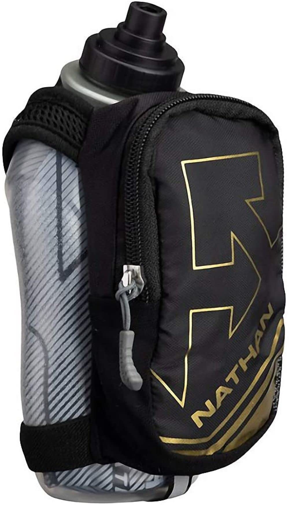 Nathan SpeedDraw Plus Insulated Flask - 18oz Handheld Running Water Bottle with Leakproof Lid | BPA-Free Hydration for Runners, Hiking, Cycling & Outdoor Sports | Easy Grip Design (Black/Metallic Gold) | Perfect for Marathon Training & Trail Adventures