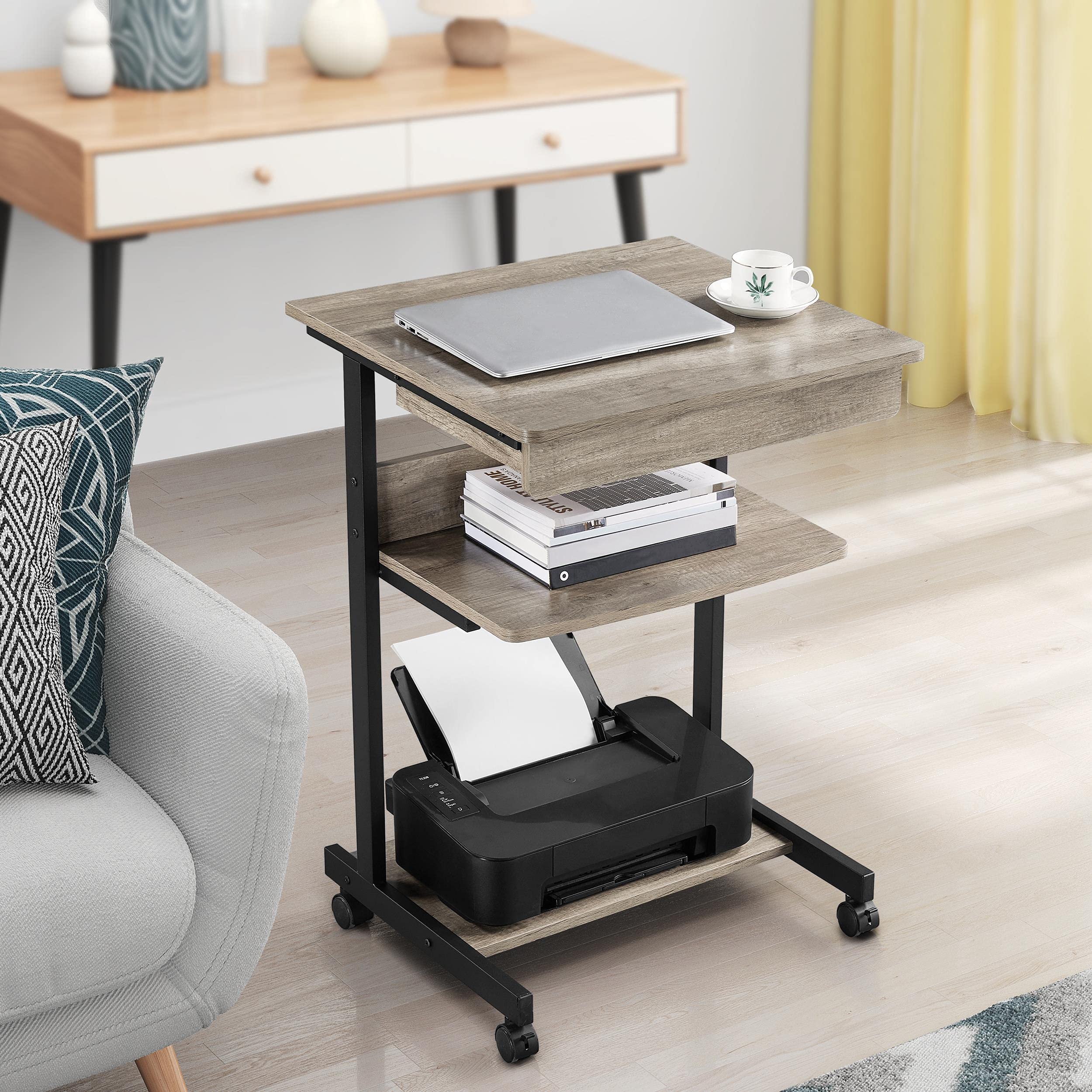 Yaheetech Rolling Computer Desk with Drawer & Keyboard Tray - Adjustable Mobile Laptop Desk Cart Standing Workstation for Home Office, Study & Small Spaces - Ergonomic Gray Computer Table for Work from Home & Remote Learning