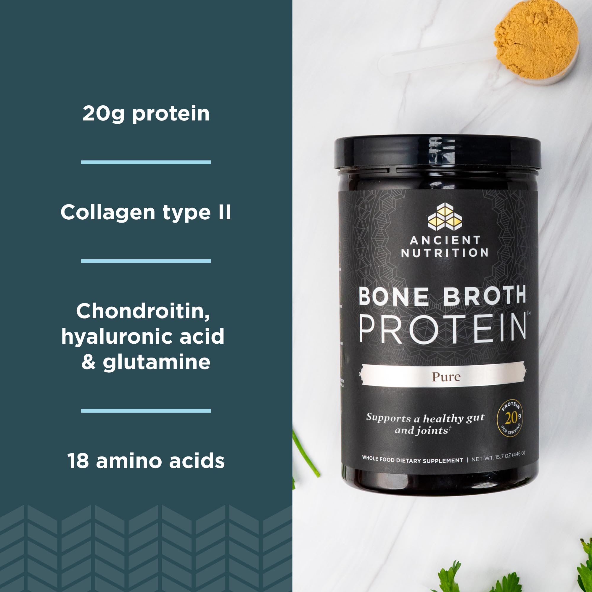 Ancient Nutrition Bone Broth Protein Powder - Pure Flavor, 20 Servings | Grass-Fed Collagen Supplement for Gut Health, Joint Support & Recovery | Perfect for Keto, Paleo & Whole30 Diets
