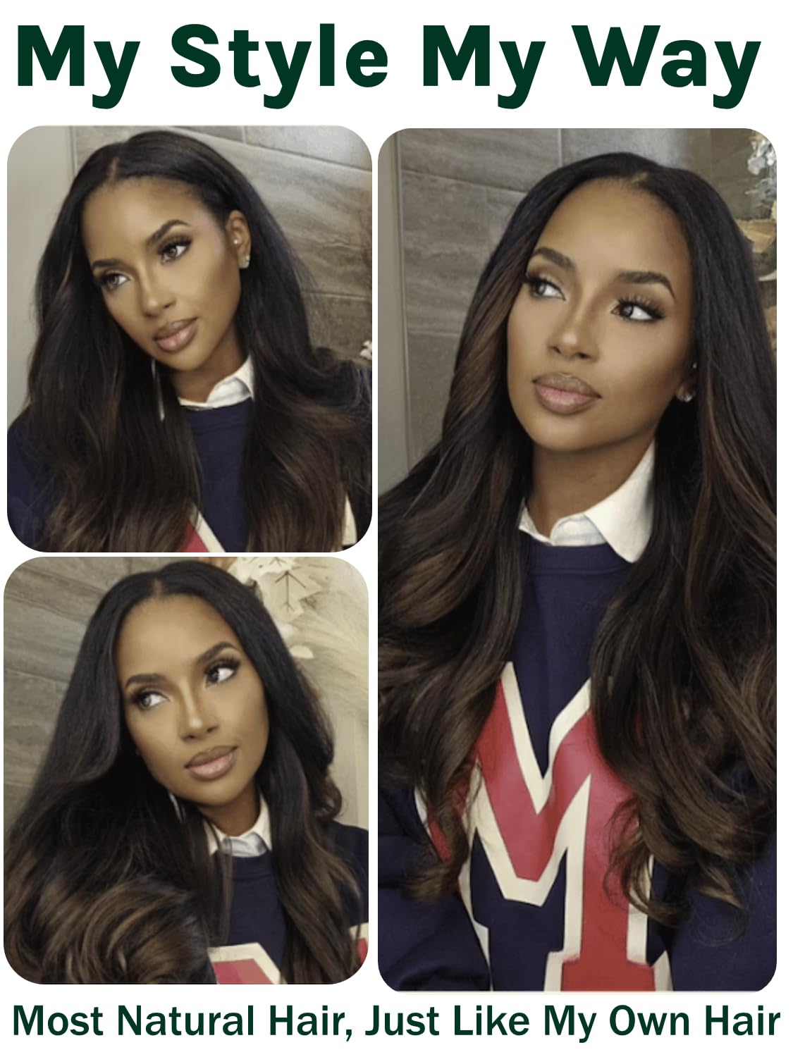 KLAIYI Ombre Brown V Part Human Hair Wig - Yaki Straight 24 Inch Glueless U Part Wig with Dark Roots, No Glue No Lace, Easy Wear & Go for Beginners | Perfect for Daily Wear, Parties, Cosplay & Protective Styling