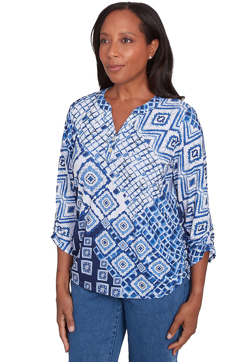 Free Spirit Ikat Henley Top - Stylish Boho Women's Shirt for Casual Wear & Summer Outfits