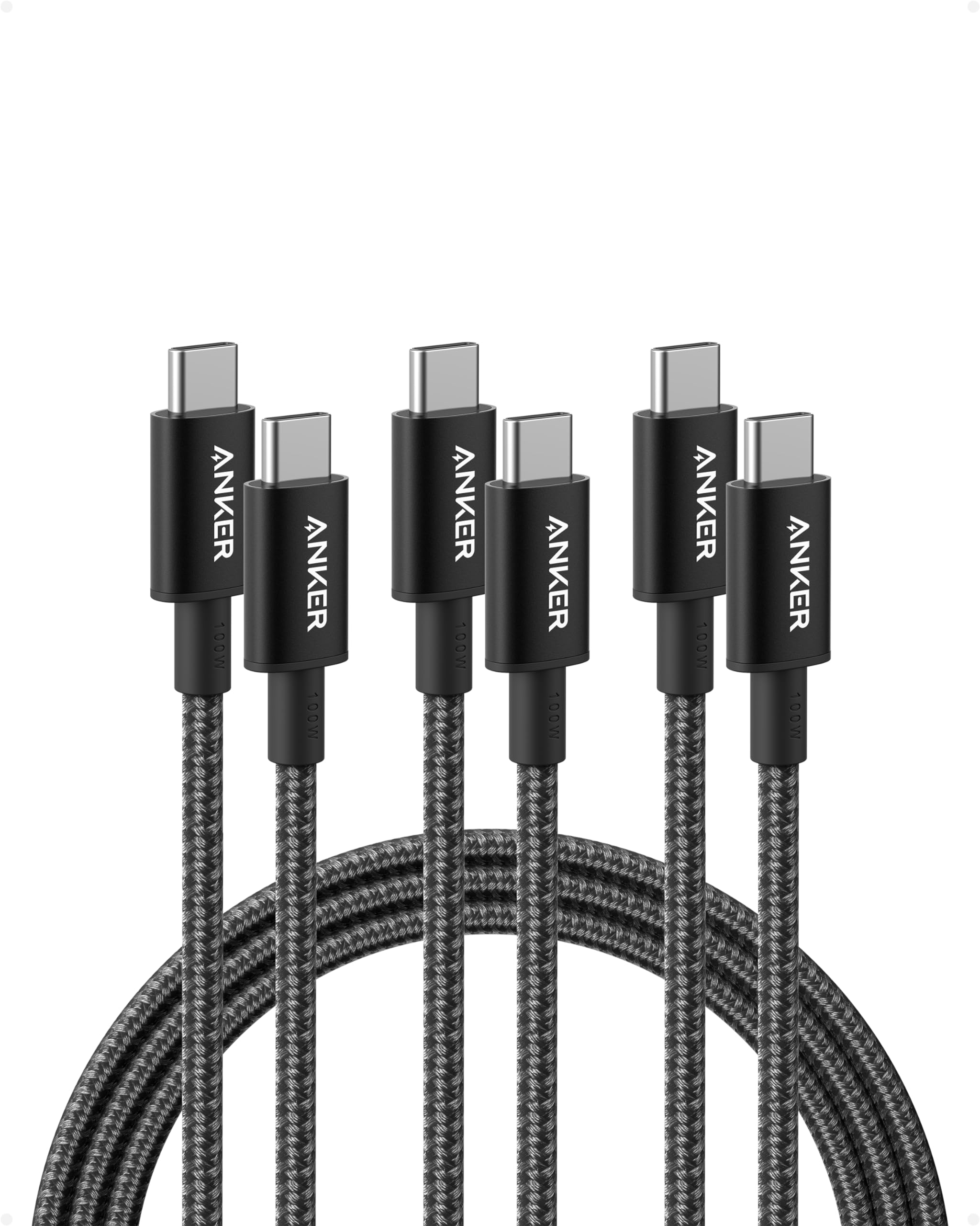 Anker USB C to USB C Cable 6FT 5-Pack - 100W Fast Charging Cable, Type C Charger Cord Compatible with iPhone 16/16 Pro, MacBook, iPad, Samsung Galaxy - USB 2.0 (Black) - Perfect for Home, Office & Travel Charging