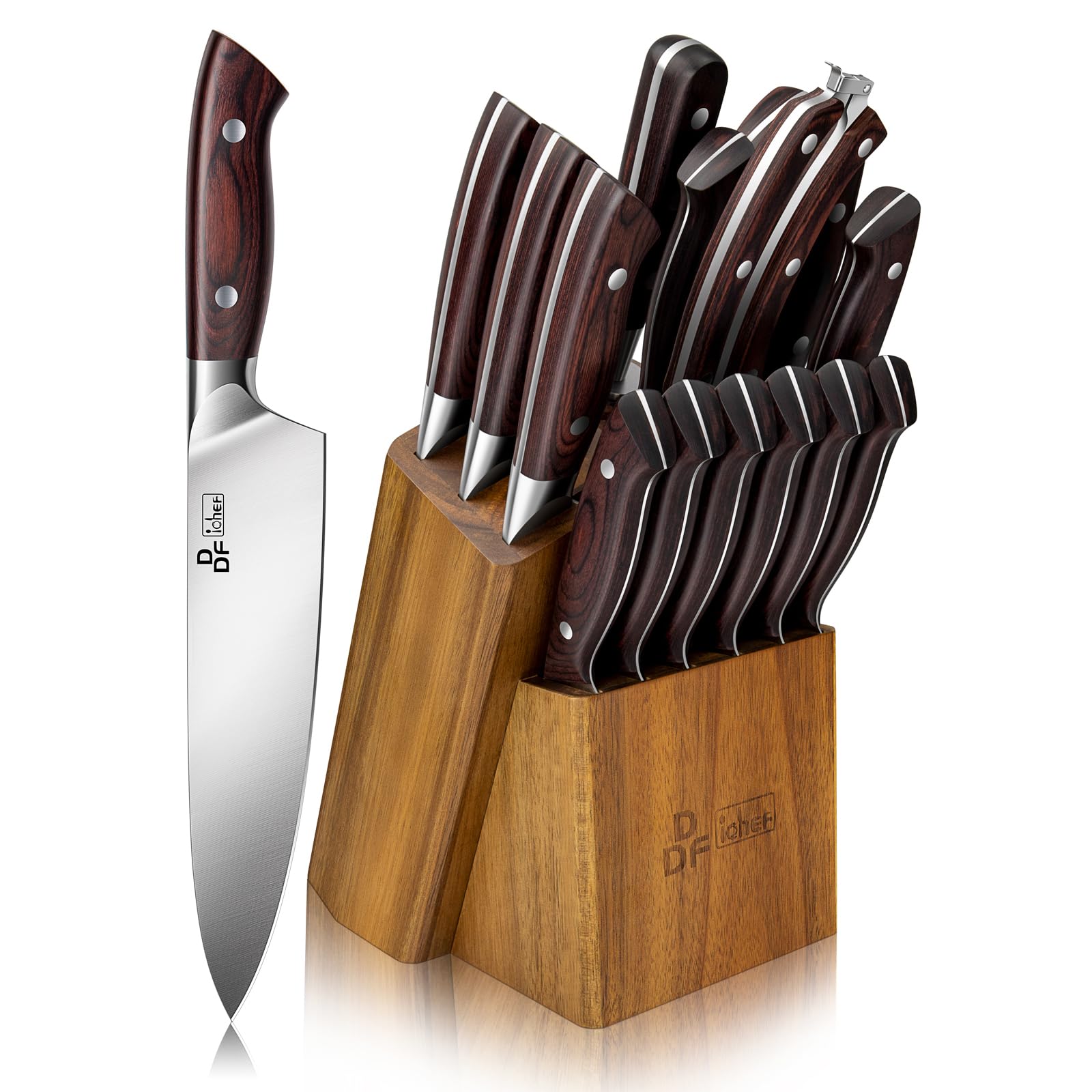 DDF iohEF 16-Piece Japanese Stainless Steel Kitchen Knife Set with Block & Sharpener - Ultra Sharp Professional Chef Knives with Ergonomic Handle for Meat, Vegetables & Fruits - Perfect for Home Cooking & Professional Kitchens