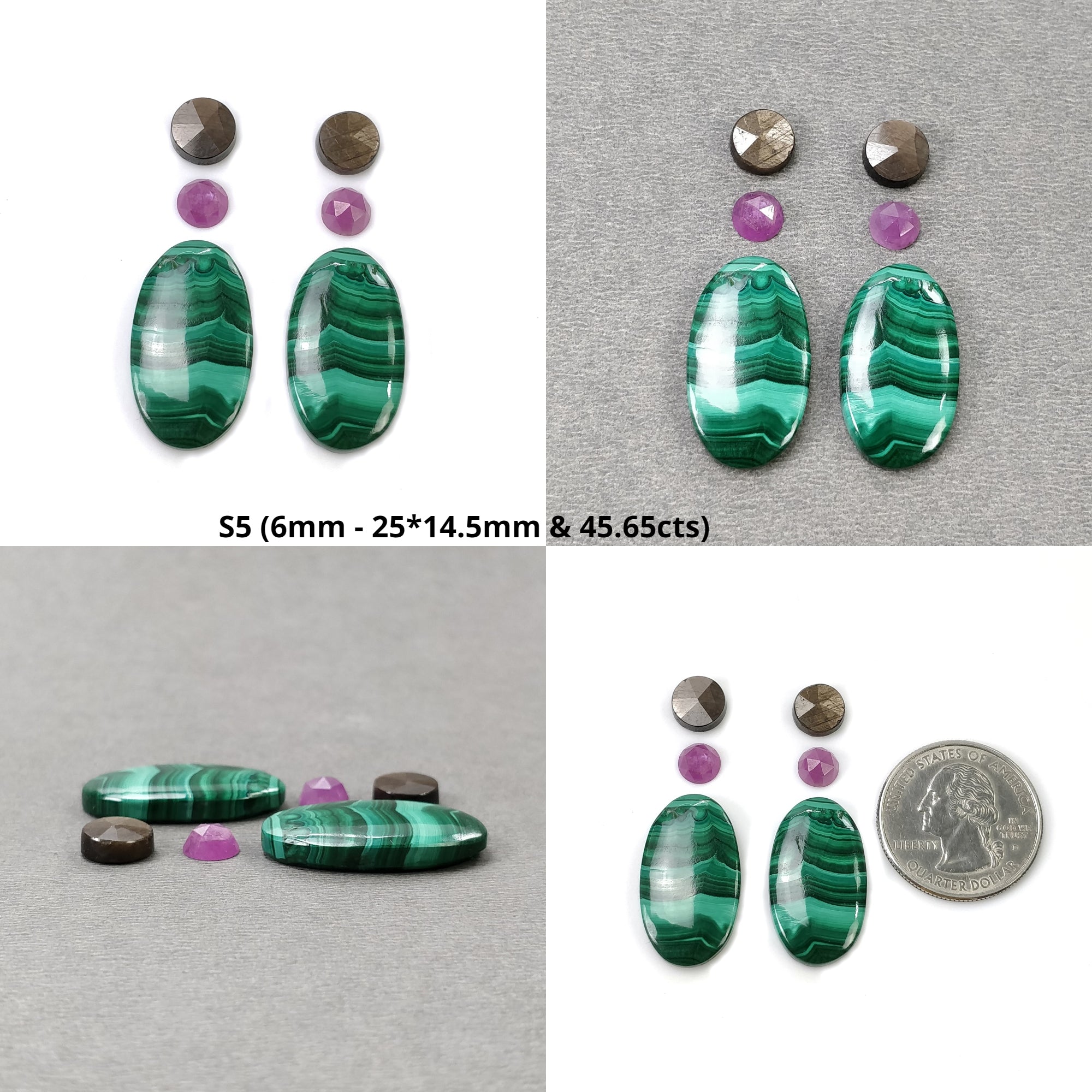 Natural Untreated Bi-Color Malachite & Pink Silver Chocolate Sapphire Gemstone Cabochon - Oval & Round Shape (4pcs/6pcs) | Handmade Jewelry Making, Wire Wrapping, Pendant Designs - Perfect for DIY Crafting & Unique Gift Ideas