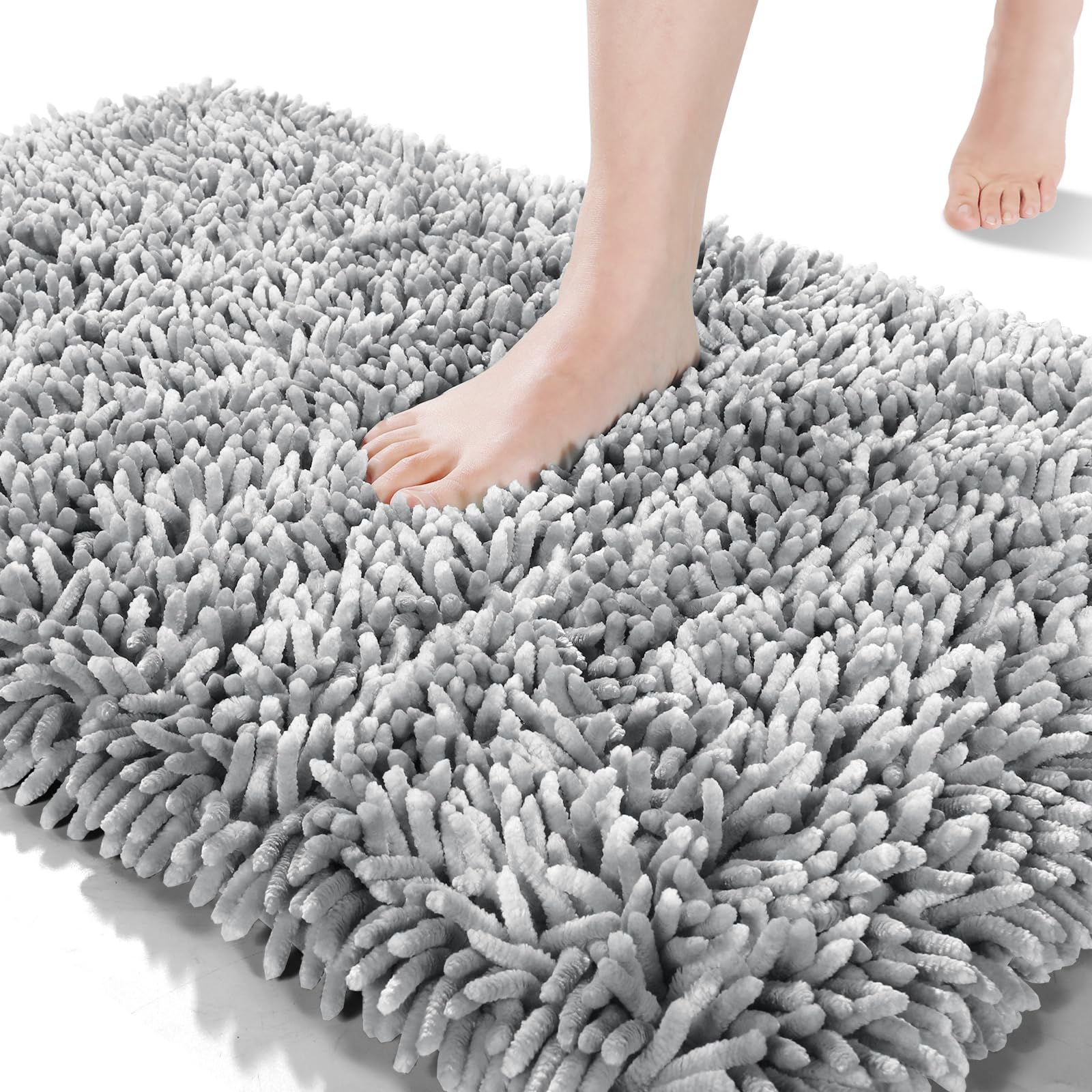 Yimobra Extra Soft Absorbent Chenille Bath Rug - 55.1 x 24 Inch Large Non-Slip Bathroom Mat, Thick Microfiber Machine Washable Shower Rug for Bathroom Floor & Tub - Light Grey - Perfect for Cozy Bathrooms & Spa-Like Showers