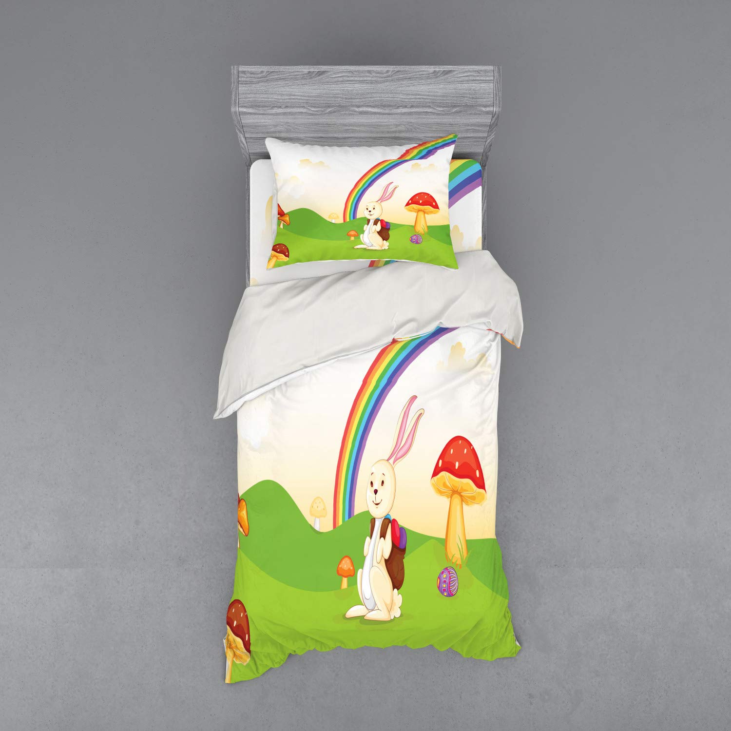 Ambesonne Mushroom Duvet Cover Set - Bunny with Easter Egg Under Rainbow Happy Rabbit Nature Theme 3-Piece Bedding Set (Twin Size, Multicolor) for Kids' Room, Easter Decor, Spring Bedroom Makeover