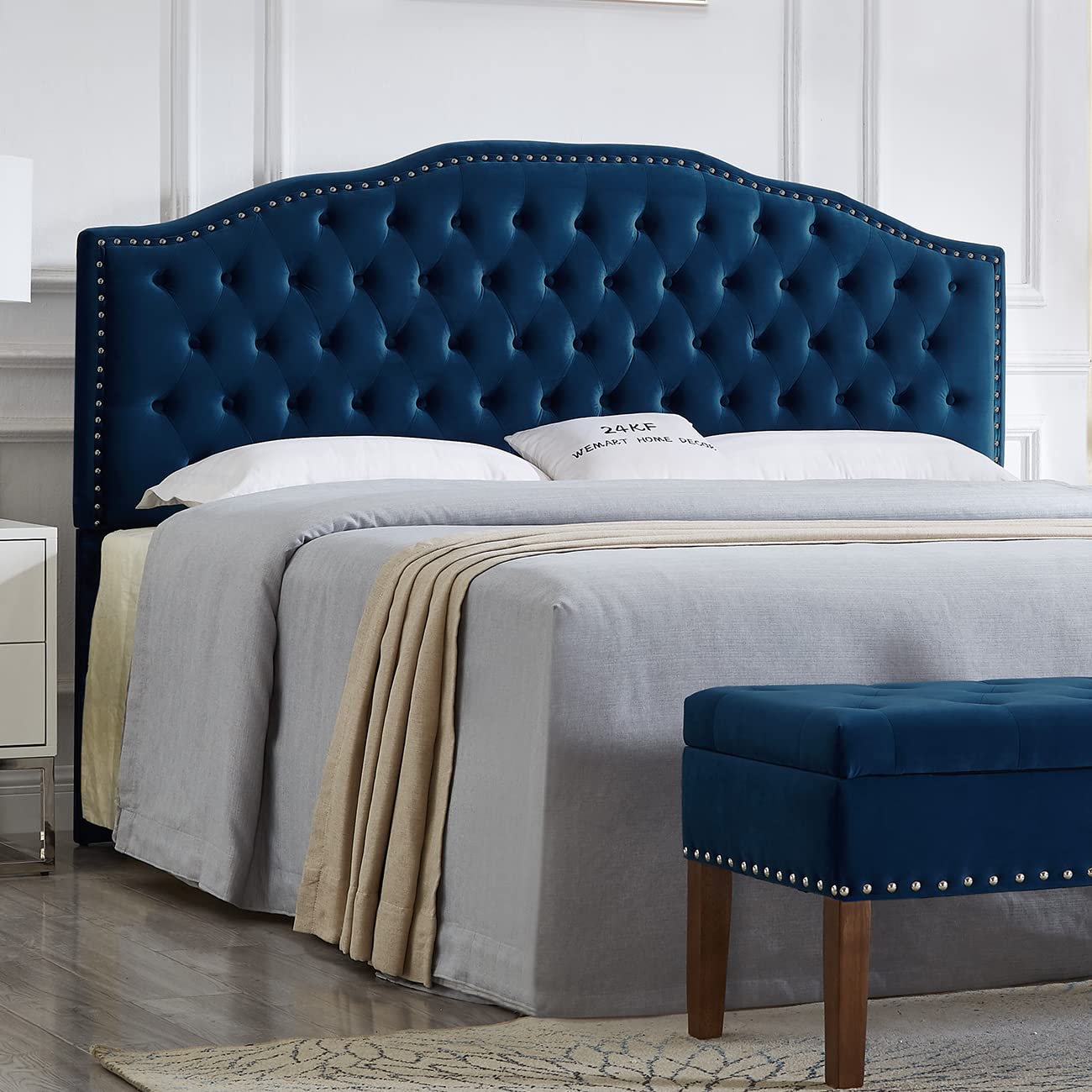 24KF Upholstered Button Tufted King Headboard with Nailhead Trim - Soft Velvet Fabric Headboard for King/CA King Size Beds - Navy Blue Luxury Bedroom Decor for Master Bedroom & Guest Room