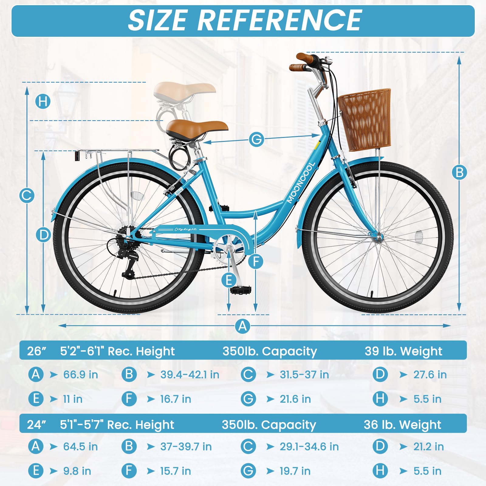 DoCred 24/26 Inch 7-Speed Lightweight Women's City Bicycle - Comfortable Beach Cruiser Bike with Rattan Front Basket & Lock - Perfect for Commuting, Leisure Rides & Beach Outings