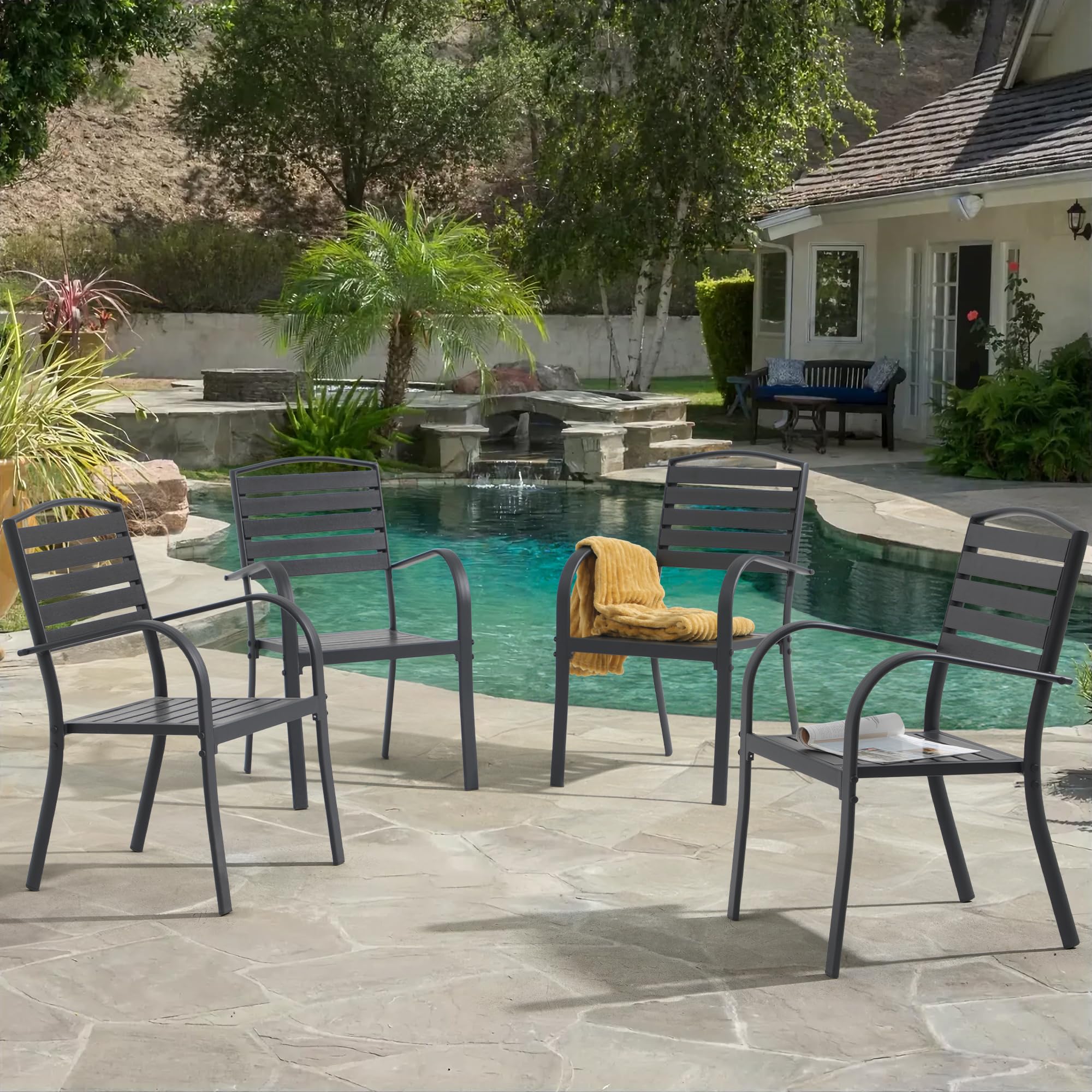 4-Piece Patio Dining Chairs Set - Stackable Outdoor Chairs with Backrest & Armrest - Durable Aluminum Frame Garden Furniture for Backyard, Deck, Lawn - Perfect for Outdoor Dining, BBQs & Poolside Relaxation (Black)