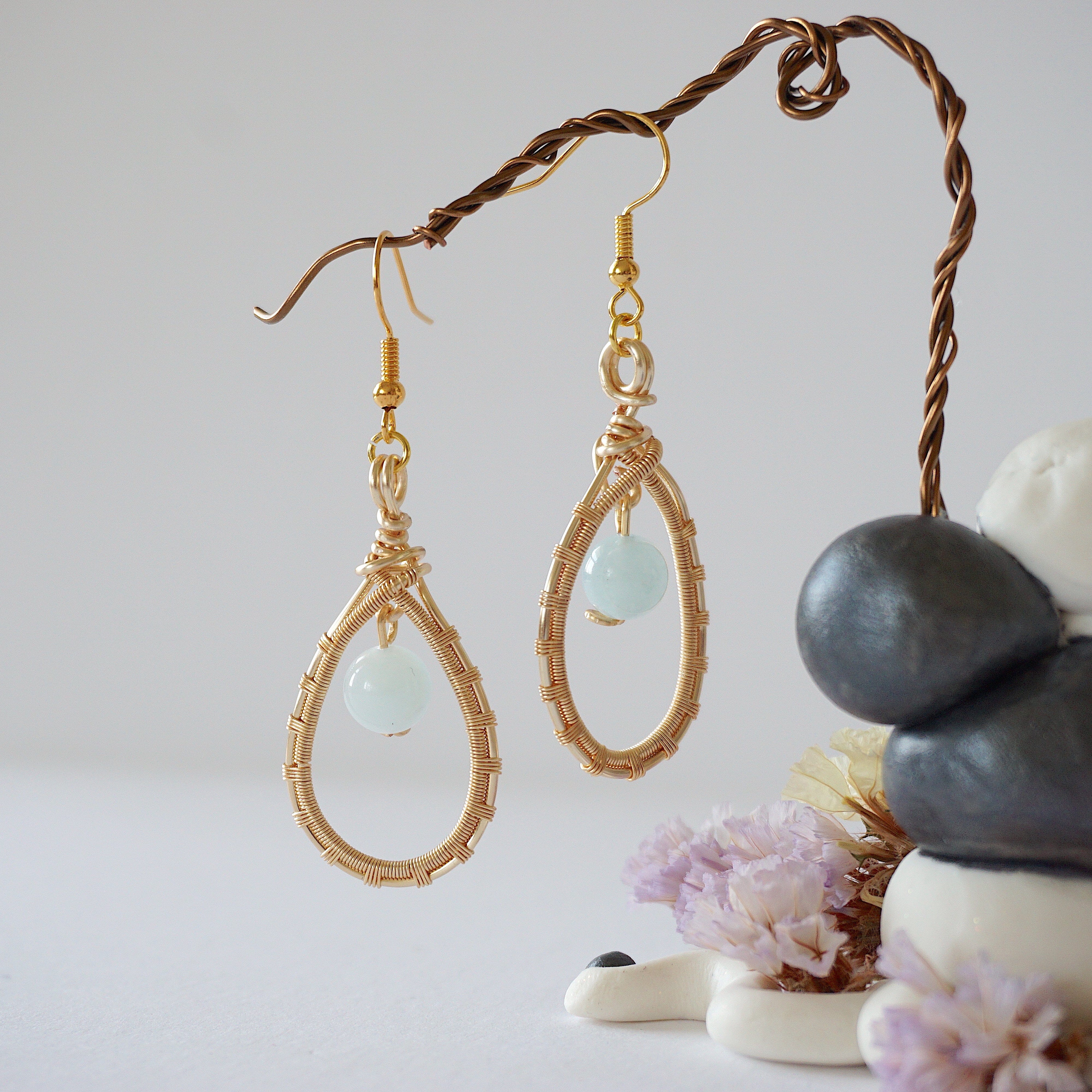 Aquamarine Round Wire Earrings - Gold Plated Sterling Silver Dangle Earrings for Women | Elegant Jewelry Gift for Birthday, Wedding & Everyday Wear