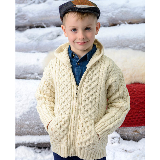 Kids Aran Hooded Zip Cardigan - Warm Wool Sweater for Boys & Girls - Perfect for Winter Outdoors & School