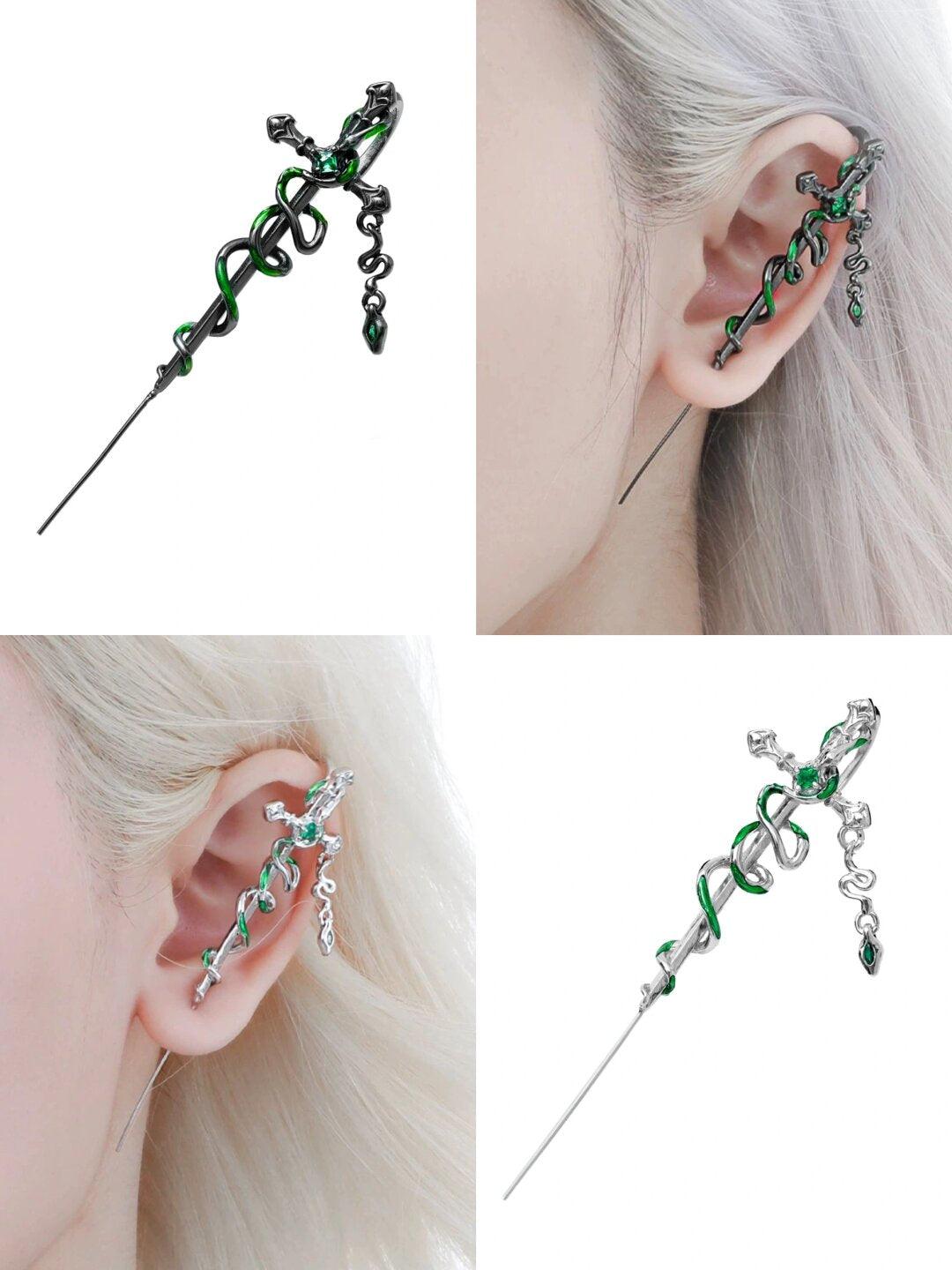 18k Black Gold Plated Slytherin House Needle Piercing Earrings for Women | Harry Potter Inspired Jewelry | Perfect for Cosplay, Gift Giving & Everyday Wear