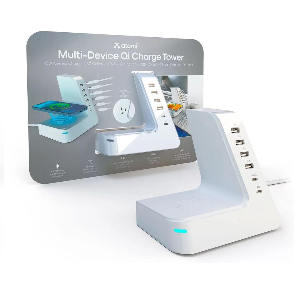 Atomi Smart 20W Qi Wireless Charging Station with 12W USB-C Port & 4 Smart USB Ports - Fast Charging Tower for iPhone, Samsung, AirPods & Multiple Devices - Perfect for Home, Office & Travel