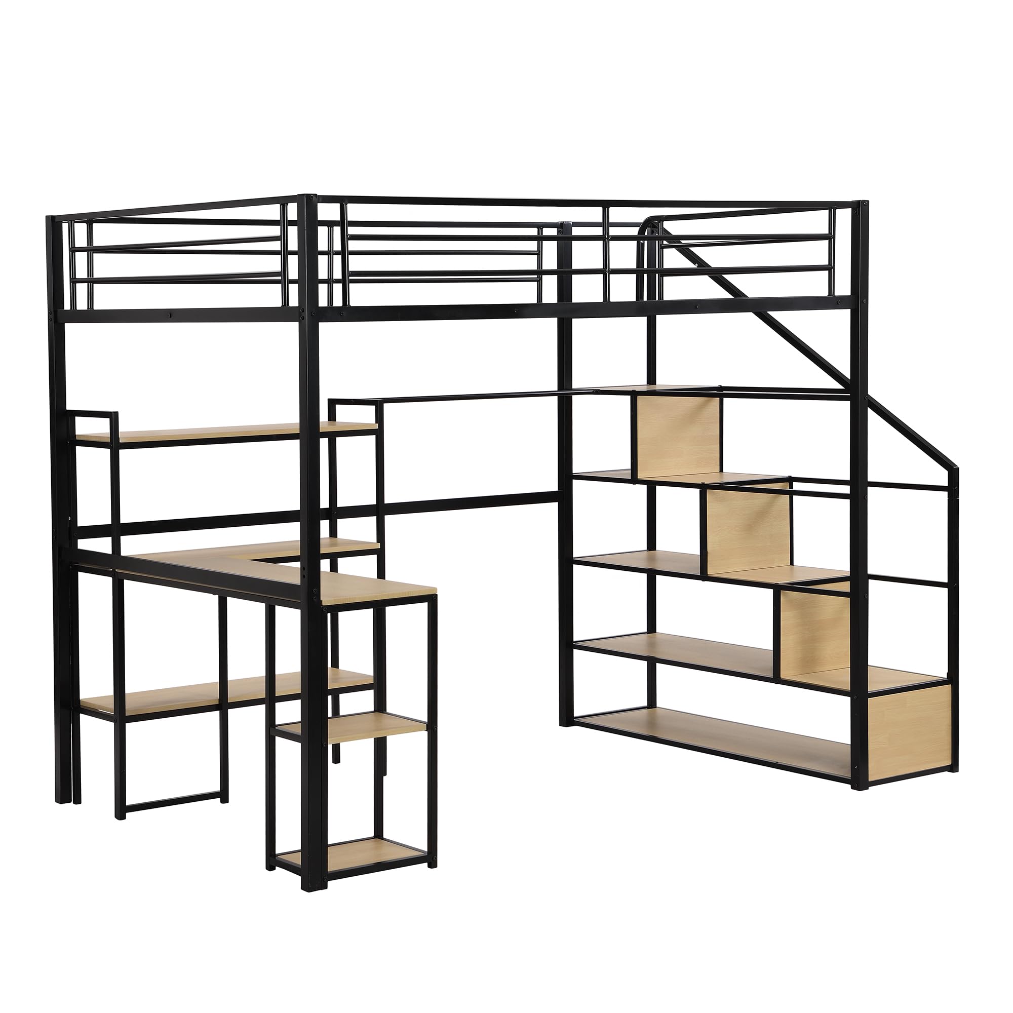 Harper & Bright Designs Full Size Loft Bed with Staircase & Desk - Sturdy Metal Frame with Storage Shelves - Space-Saving High Loft Bed for Kids, Teens, Boys & Girls (Full, Black) - Perfect for Small Bedrooms, Dorms & Shared Kids' Rooms