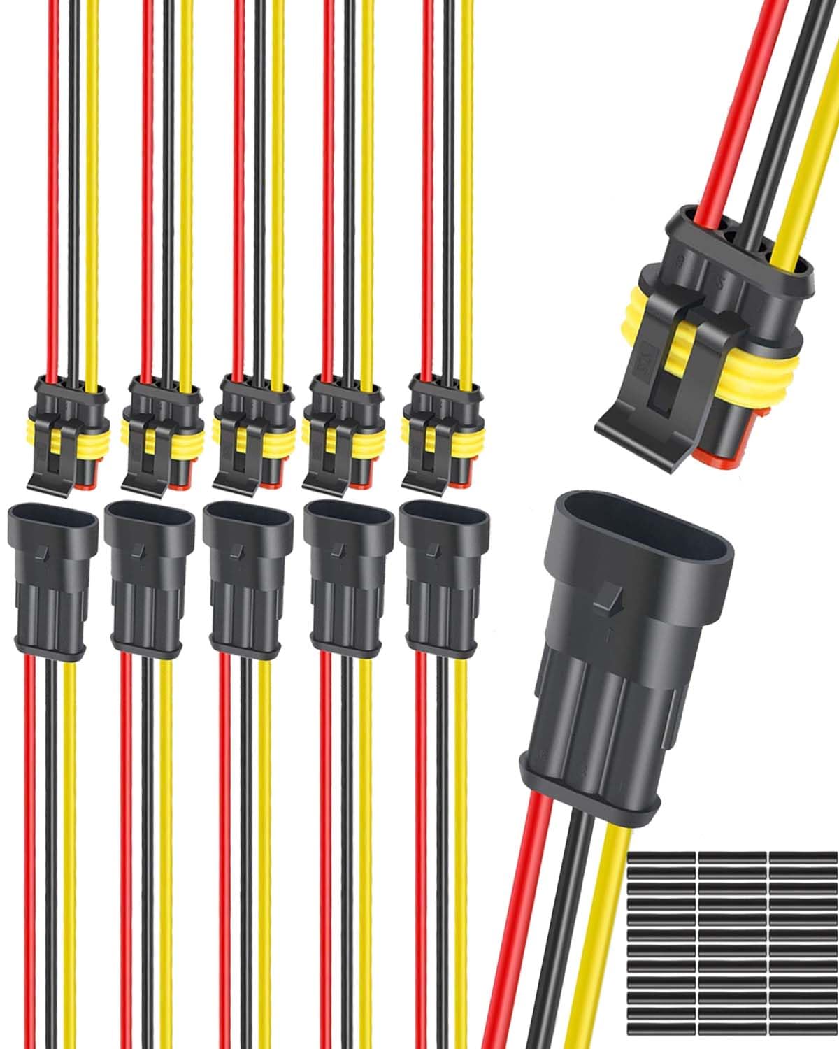 3 Pin 16 AWG Waterproof Automotive Electrical Connectors - Male & Female Wire Connectors with Heat Shrink Tubing (6 Kits) for Car, Truck, Boat Wiring & Marine Applications