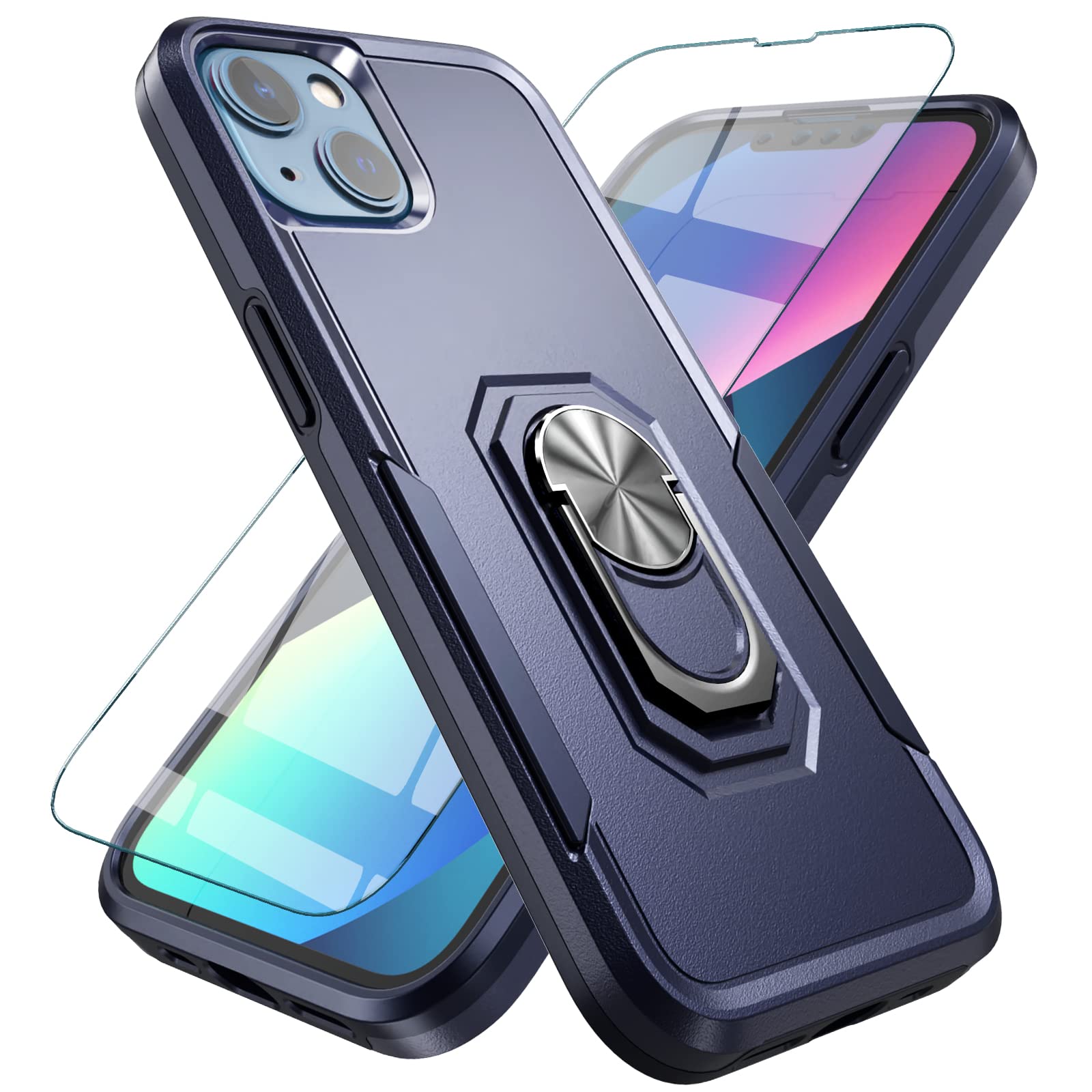 Premium Shockproof iPhone 13 Case with Tempered Glass Screen Protector & Magnetic Kickstand | Slim Hybrid Protective Cover with Car Mount Ring | Blue | Perfect for Daily Use, Travel & Hands-Free Viewing
