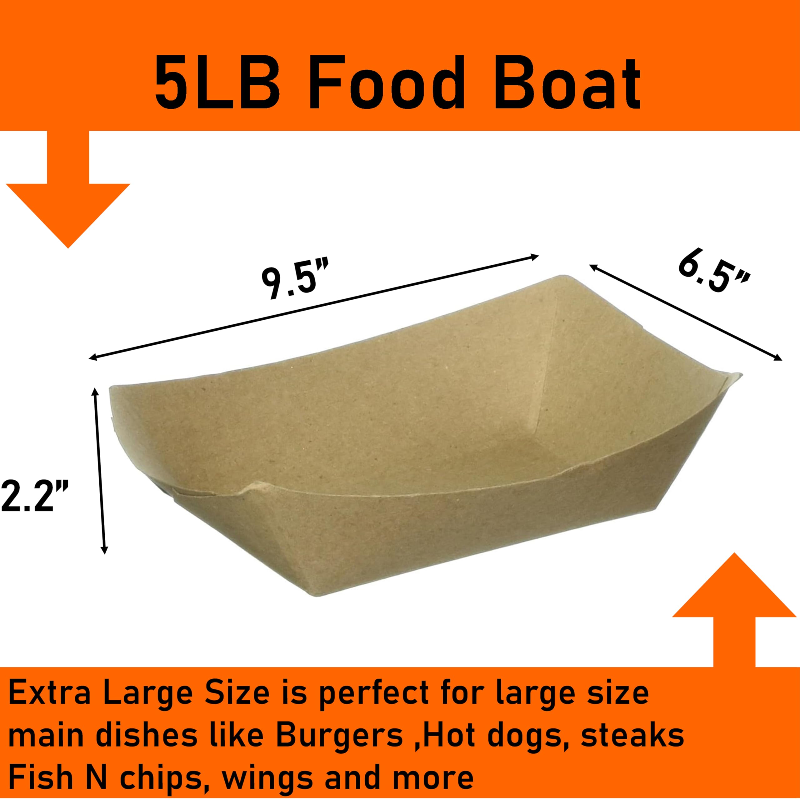 Mr Miracle Extra Large 5LB Kraft Paper Food Trays - 50 Pack Disposable & Recyclable Serving Boats for Condiments, Snacks, Concession Food - Grease Resistant - Perfect for Parties, Picnics, Food Trucks and Catering Events