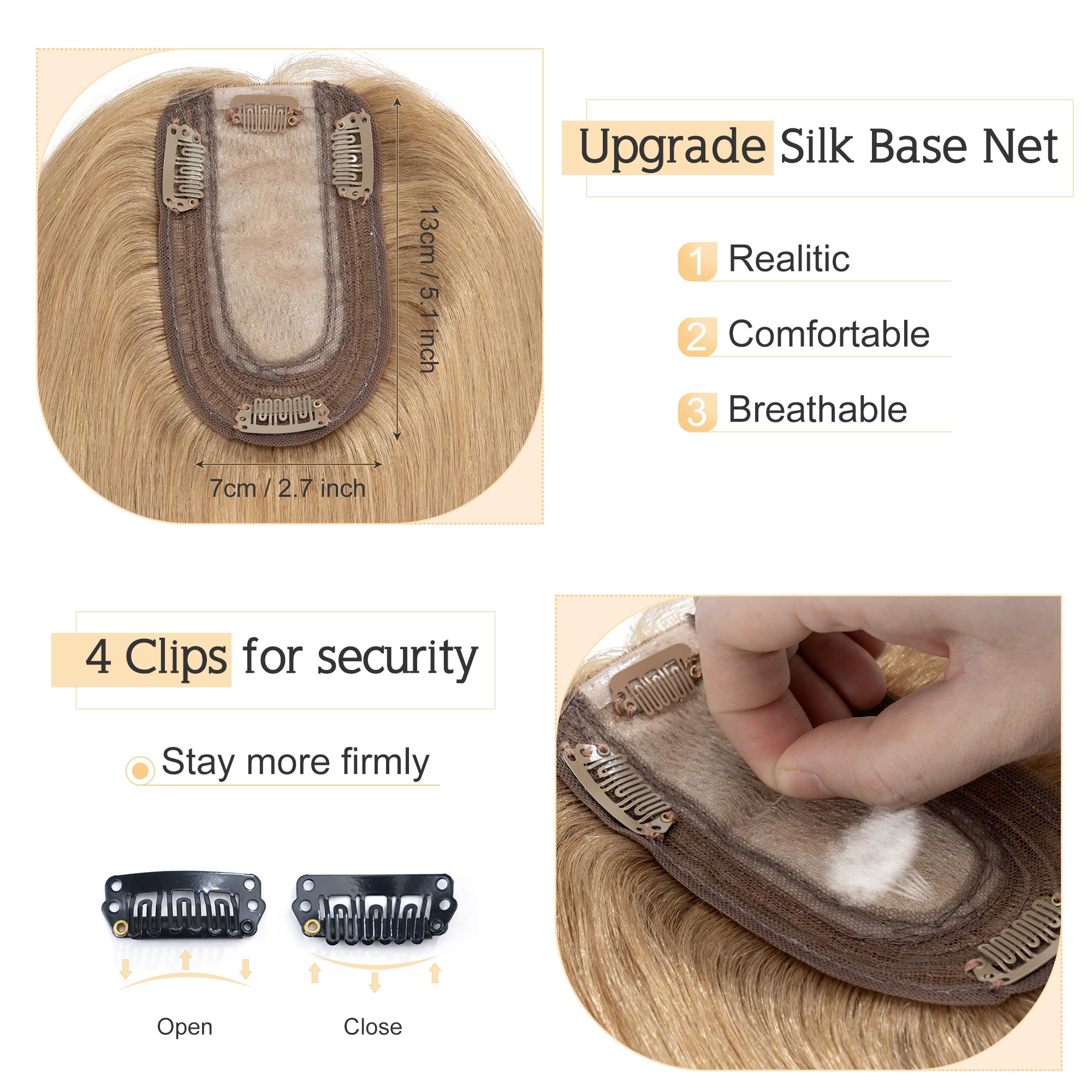 SEGO 100% Real Human Hair Toppers for Women with Thinning Hair - 7x13cm Silk Base Clip-in Top Wiglet, 16 Inch No Bangs Dark Blonde - Perfect for Daily Wear, Parties & Special Occasions