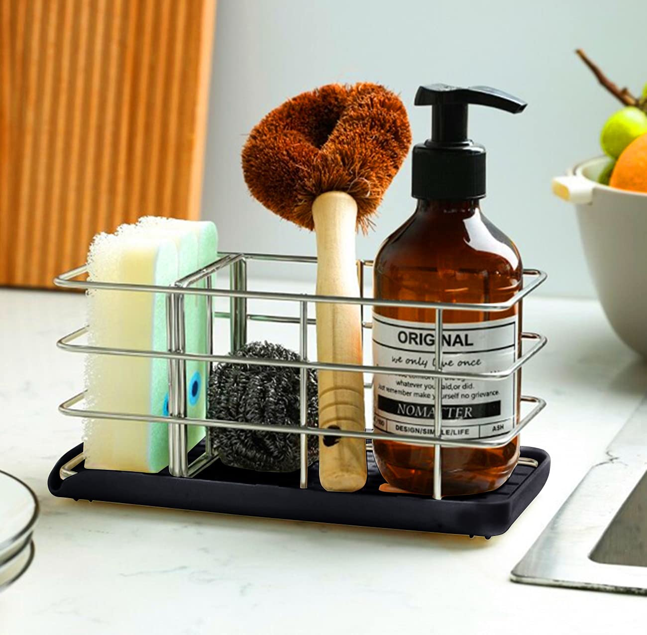 Stainless Steel Kitchen Sponge Holder & Sink Organizer - Dish Brush & Soap Dispenser Caddy for Kitchen Countertop (Black) | Perfect for Small Space Organization & Dishwashing Station Setup