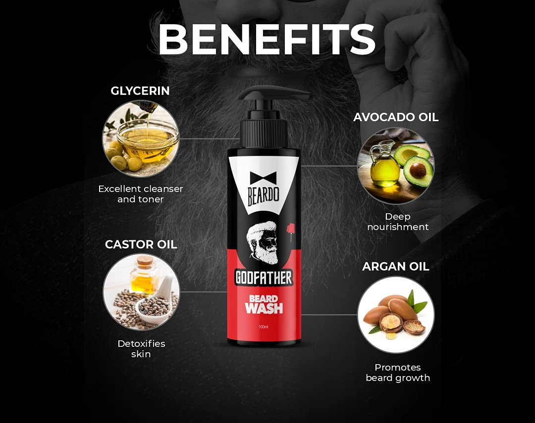 Beardo Natural Black Beard Color for Men 60ml + Godfather Beard Wash 100ml (2-Pack) | Purifying & Hydrating Beard & Skin Cleaner with Avocado & Argan Oil | Easy Application, Stain-Free Hair Dye | Skin-Friendly Formula | Perfect for Daily Grooming & Professional Styling