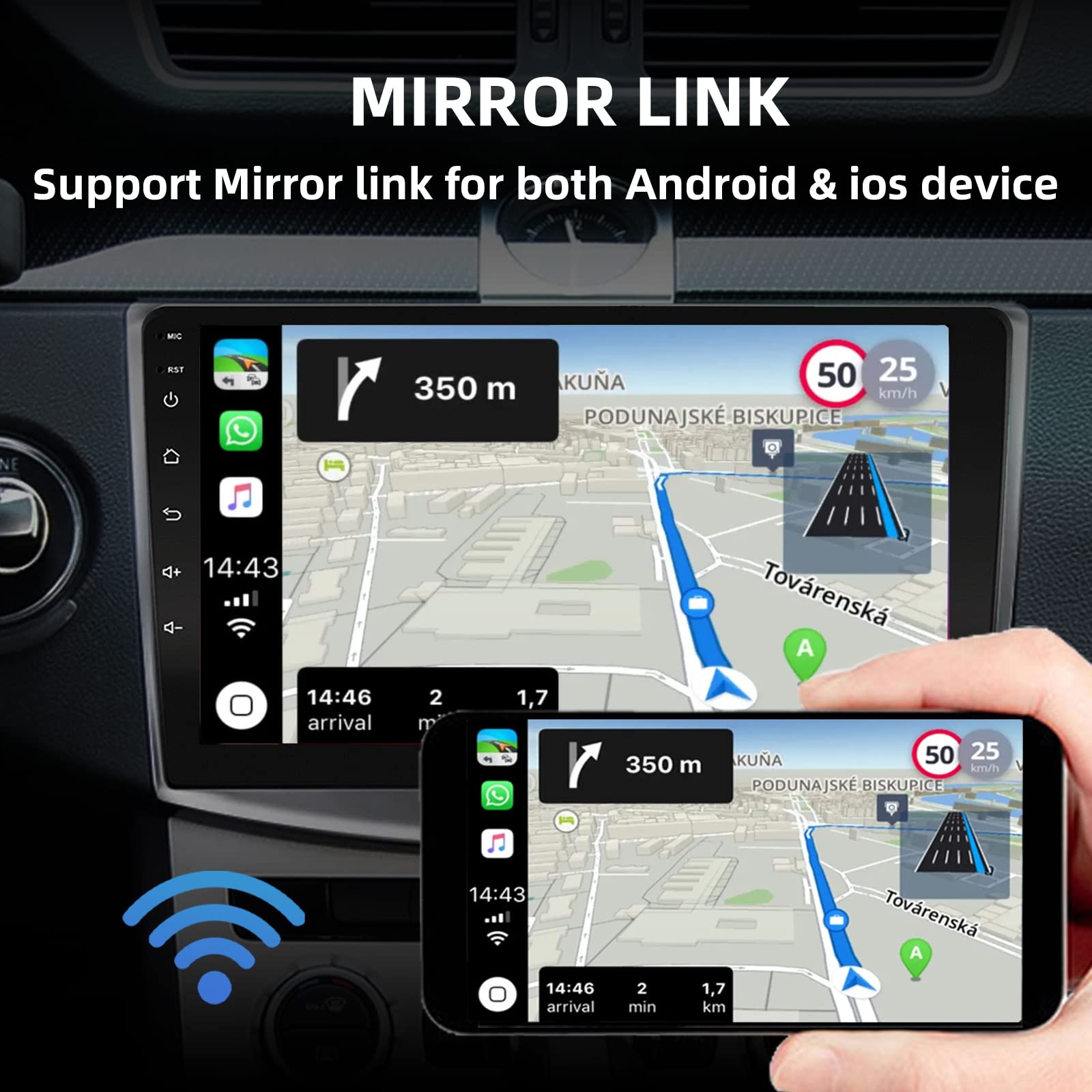 10.1 Inch Android Double Din Car Stereo with Bluetooth, Touch Screen, WiFi, Mirror Link, HiFi Sound, Backup Camera, GPS, FM Radio, 2GB RAM + 32GB ROM - Supports Apple CarPlay & Android Auto for Seamless Connectivity - Perfect for Road Trips, Commuting & Hands-Free Driving