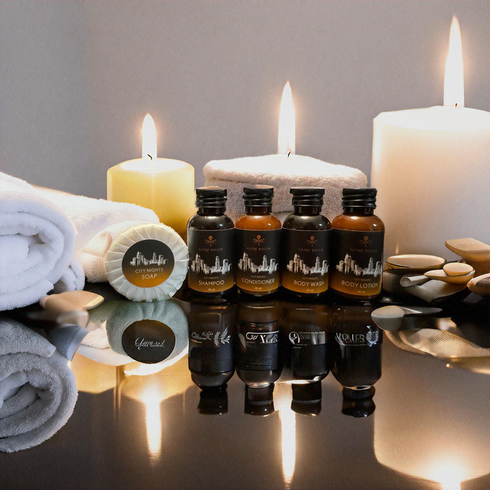 City Nights Travel Size Toiletries Bulk Set - 100 Pieces (20 Sets) | 1.35 oz Shampoo, Conditioner, Body Wash, Lotion & 1 oz Bar Soap | Luxury Hotel Amenities & Guest Essentials | Perfect for Hotels, Spas, Travel Kits & Gift Baskets